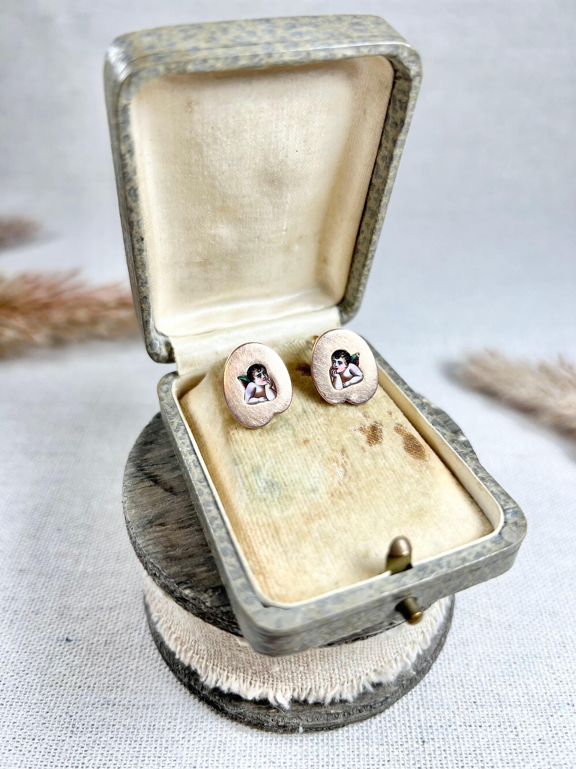Antique 15ct Rose Gold & Enamel, Victorian Cherub Stud Earrings For Sale 2