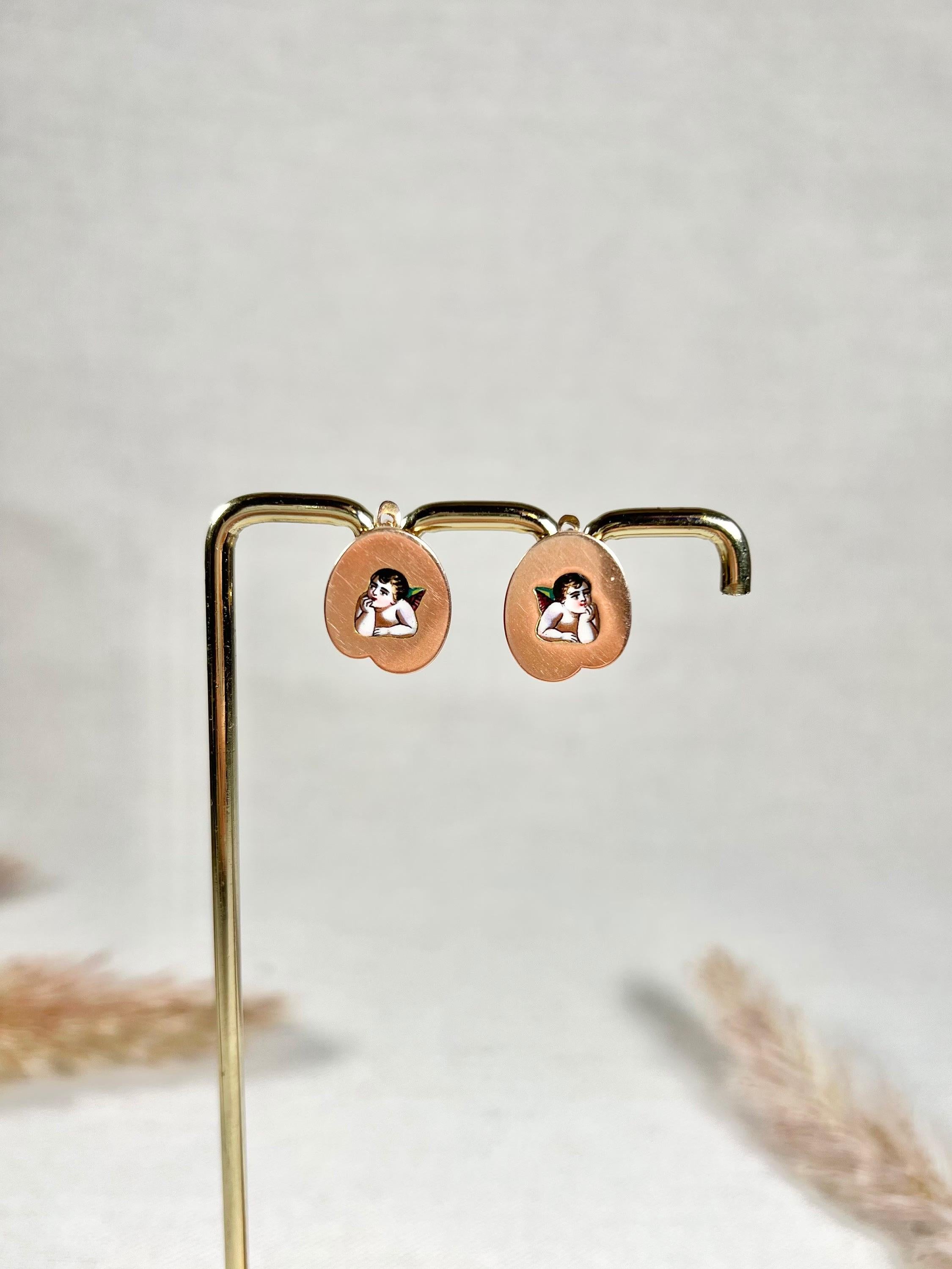 Antique 15ct Rose Gold & Enamel, Victorian Cherub Stud Earrings For Sale 4