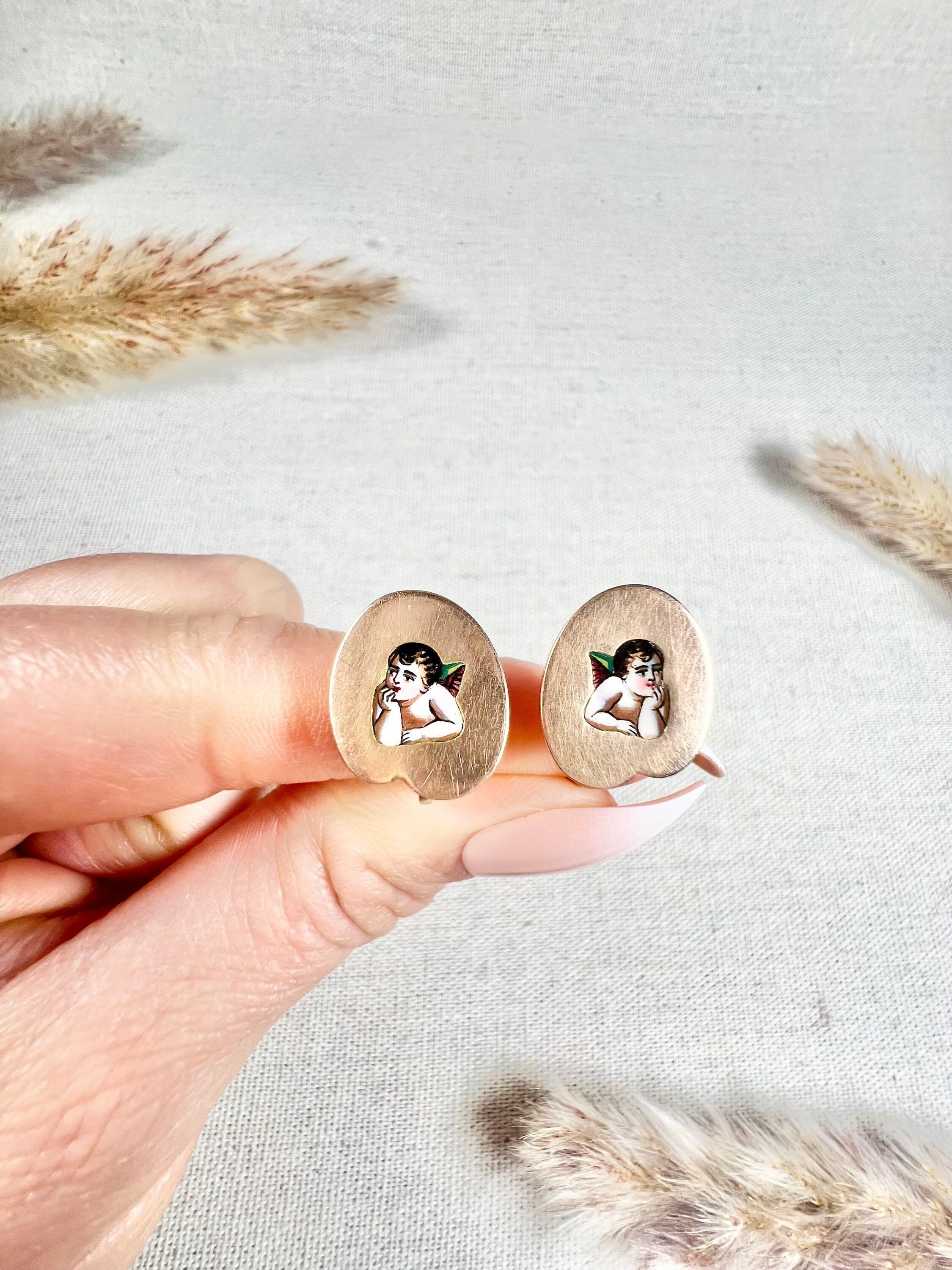 Antique 15ct Rose Gold & Enamel, Victorian Cherub Stud Earrings For Sale 5