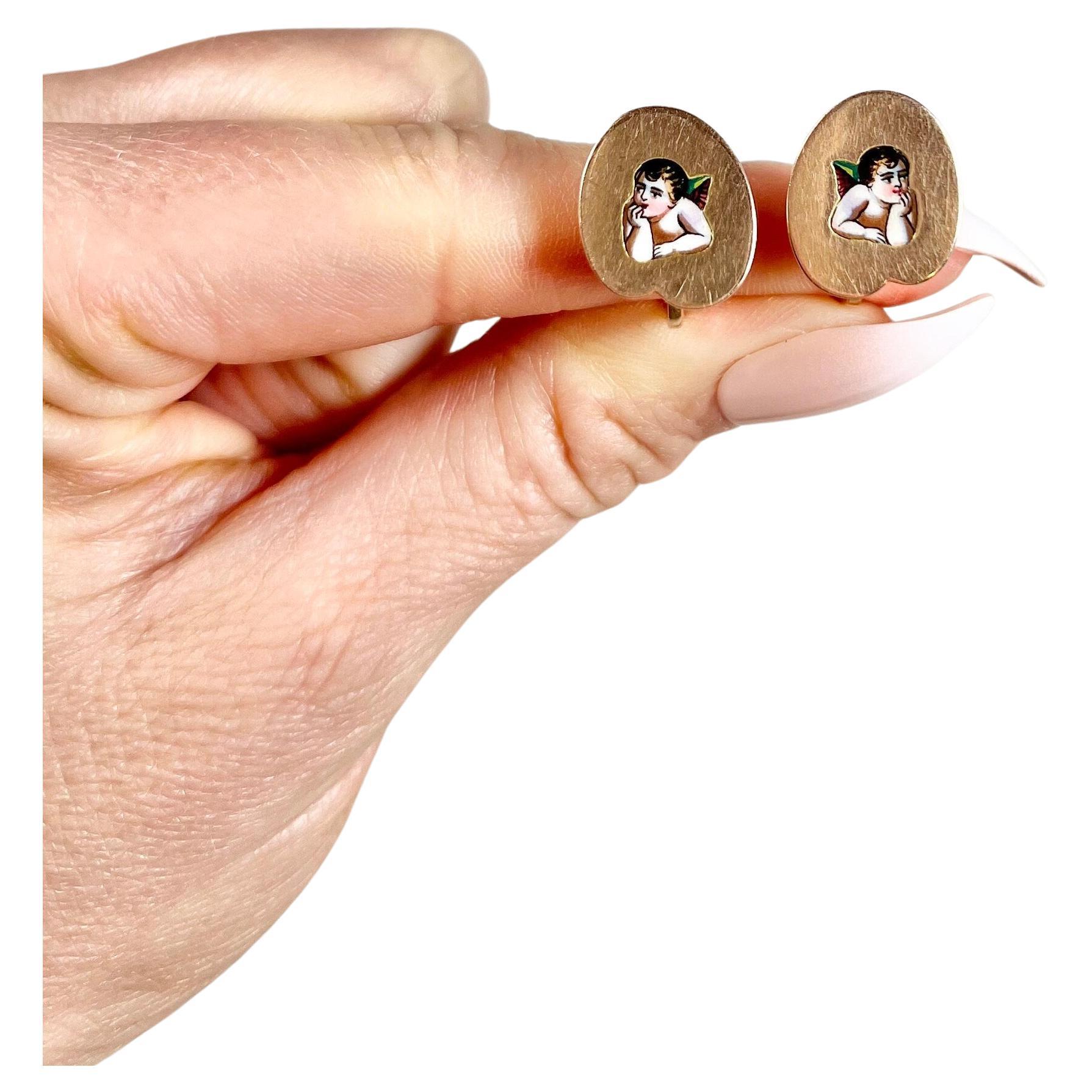 Antique 15ct Rose Gold & Enamel, Victorian Cherub Stud Earrings