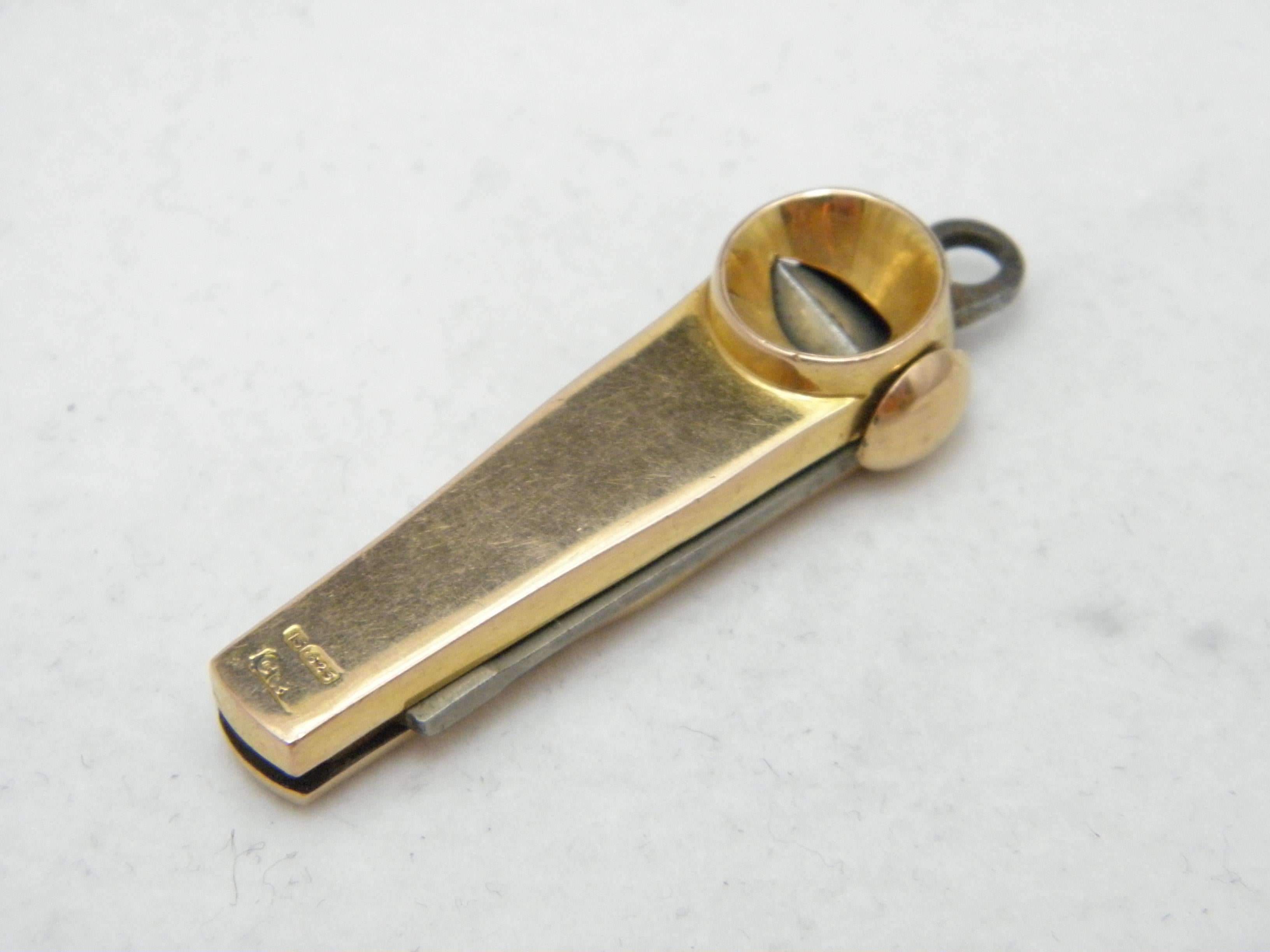 If you have landed on this page then you have an eye for beauty.

On offer is this gorgeous

15CT SOLID GOLD RARE CIGAR CUTTER FOB / PENDANT

DETAILS
Material: 15ct (625/000) Solid Rose Gold with steel blade
Style: Wonderful fob / pendant with