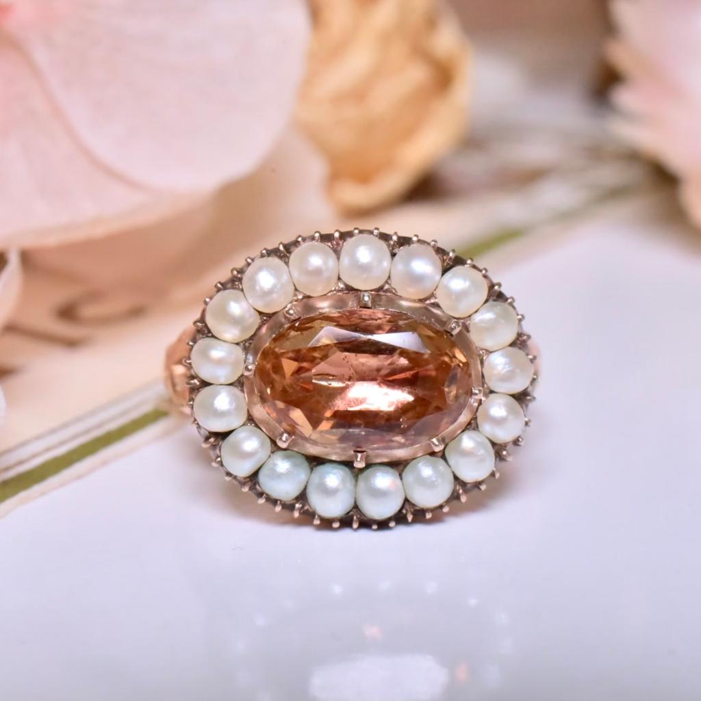 Georgian Antique 15ct Rose Gold Imperial Topaz And Half Pearl Ring Circa 1820’s