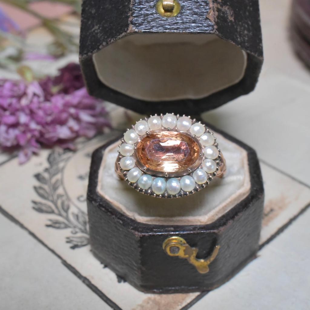 Antique 15ct Rose Gold Imperial Topaz And Half Pearl Ring Circa 1820’s In Excellent Condition In NEW TOWN, AU