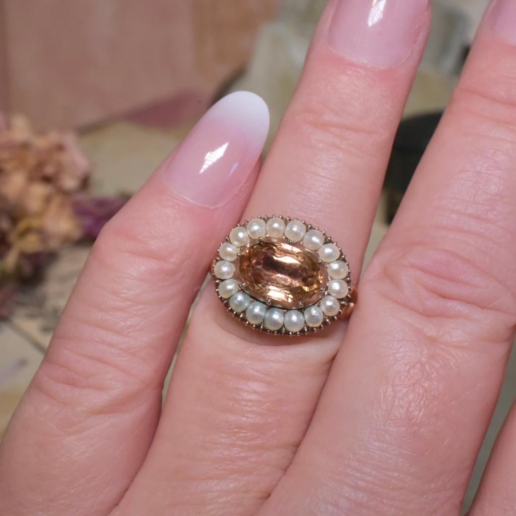 Women's or Men's Antique 15ct Rose Gold Imperial Topaz And Half Pearl Ring Circa 1820’s