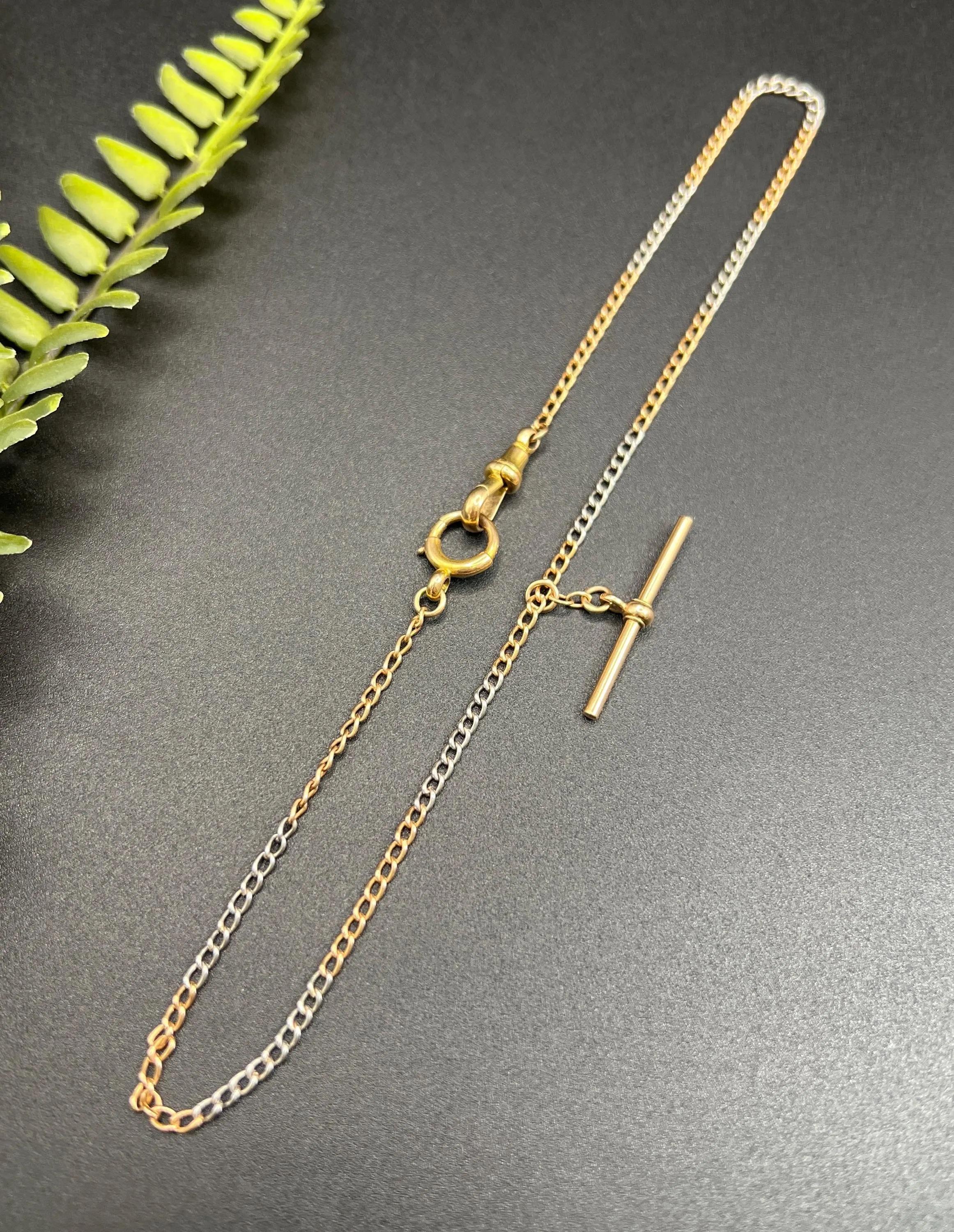 Cadena antigua de oro rosa y platino de 15 1/4 pulgadas, Edwardian Curb Link, Albert Chain Eduardiano en venta