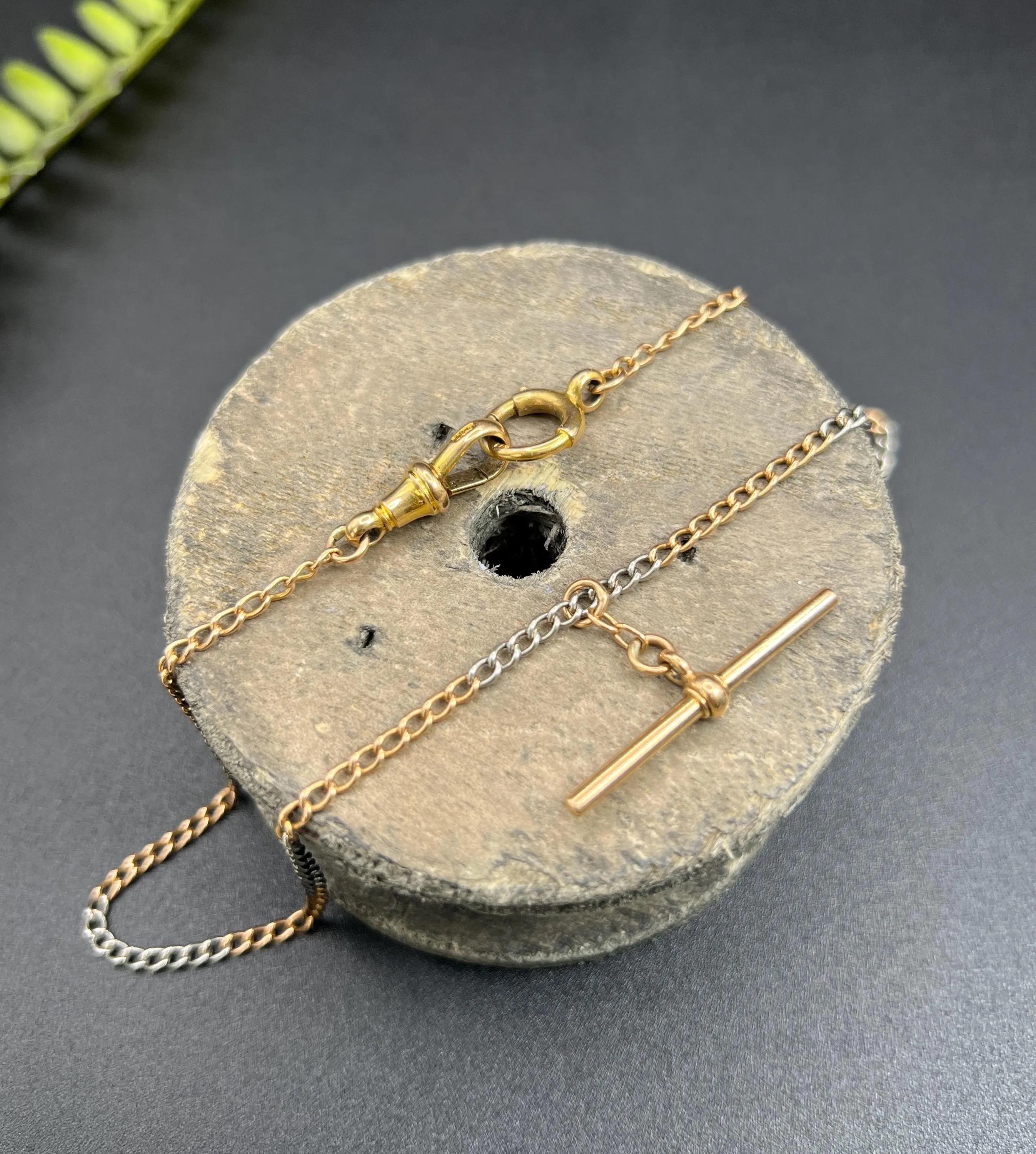 Femenino o masculino Cadena antigua de oro rosa y platino de 15 1/4 pulgadas, Edwardian Curb Link, Albert Chain en venta
