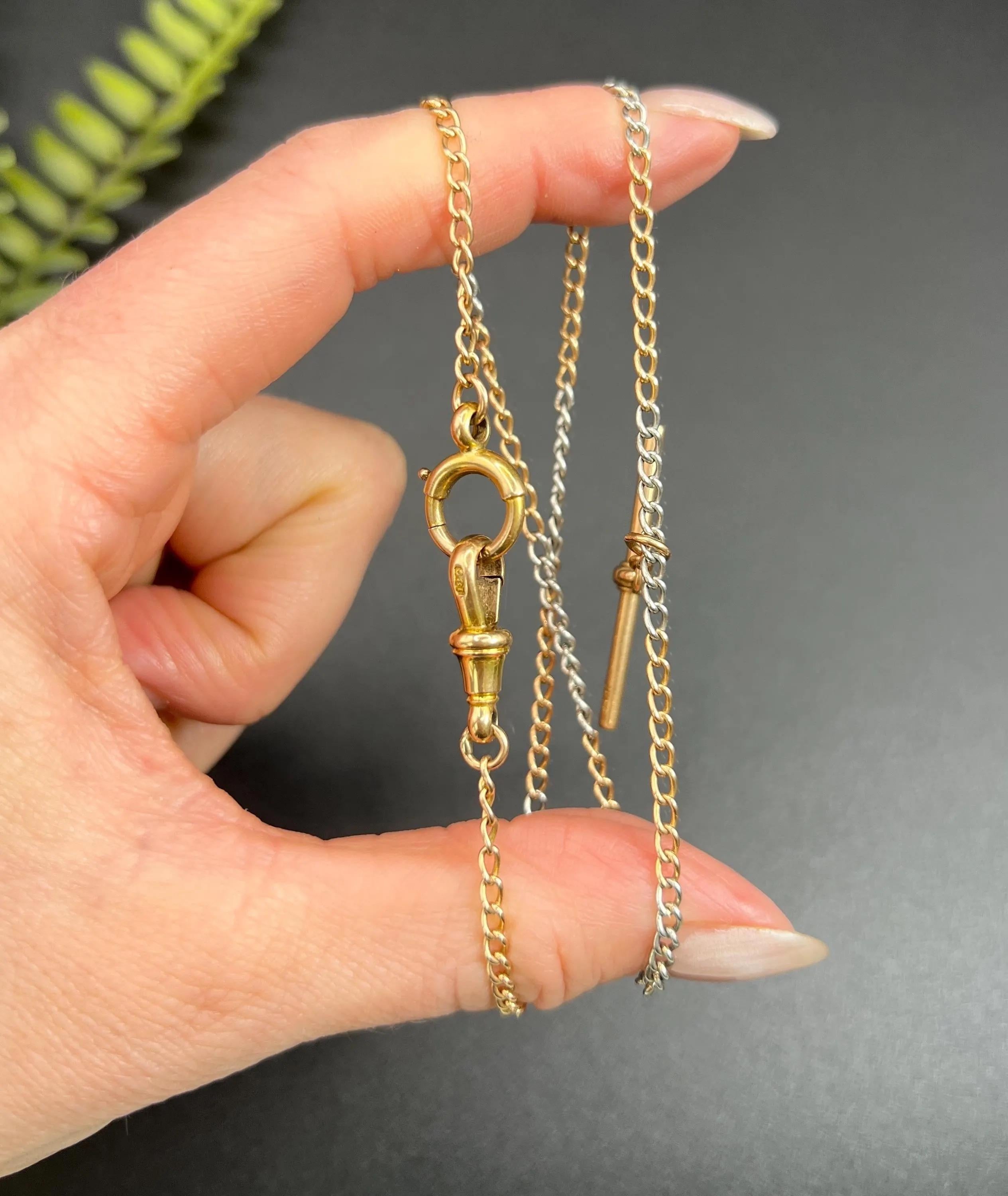 Cadena antigua de oro rosa y platino de 15 1/4 pulgadas, Edwardian Curb Link, Albert Chain en venta 2