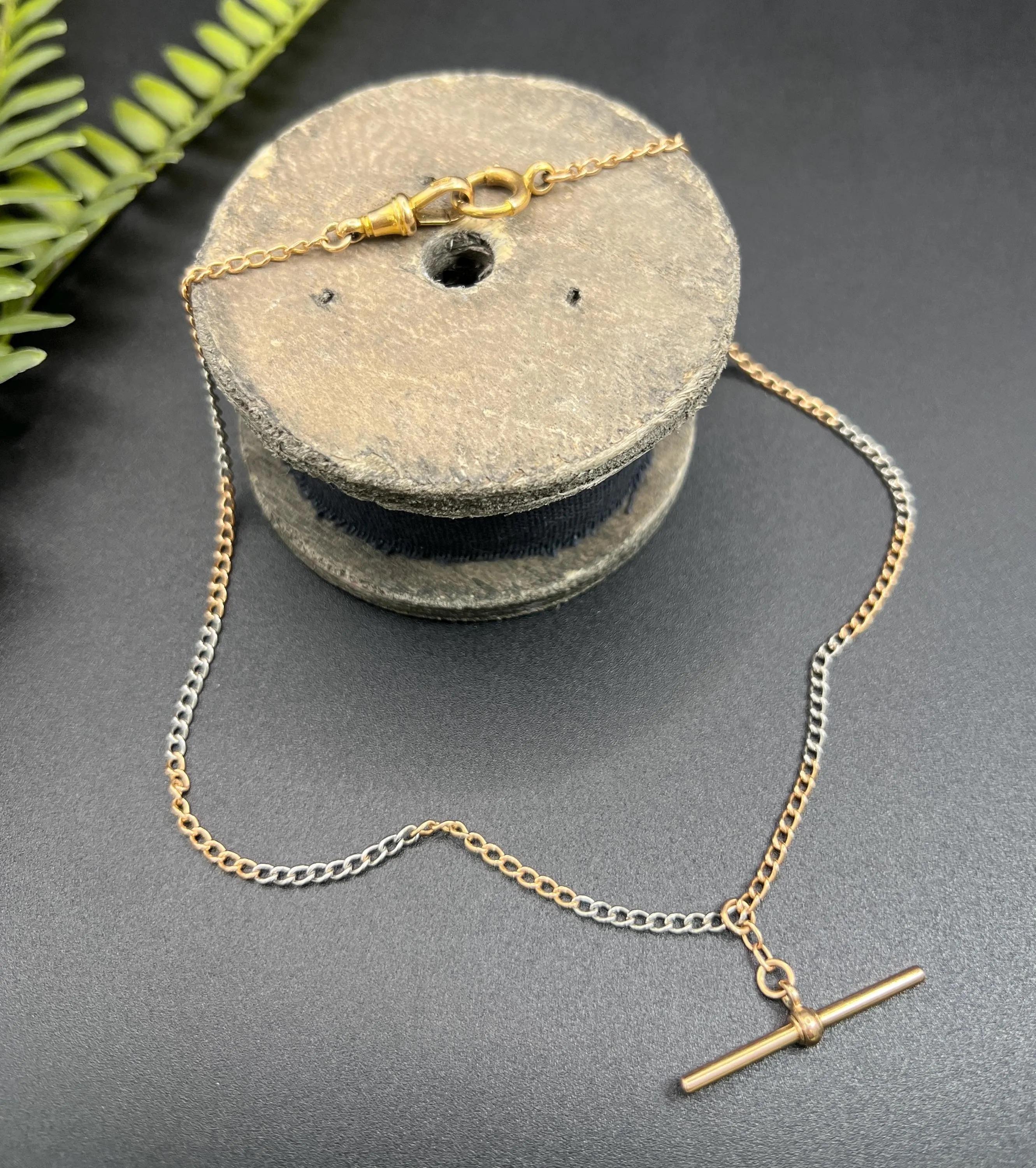 Cadena antigua de oro rosa y platino de 15 1/4 pulgadas, Edwardian Curb Link, Albert Chain en venta 3