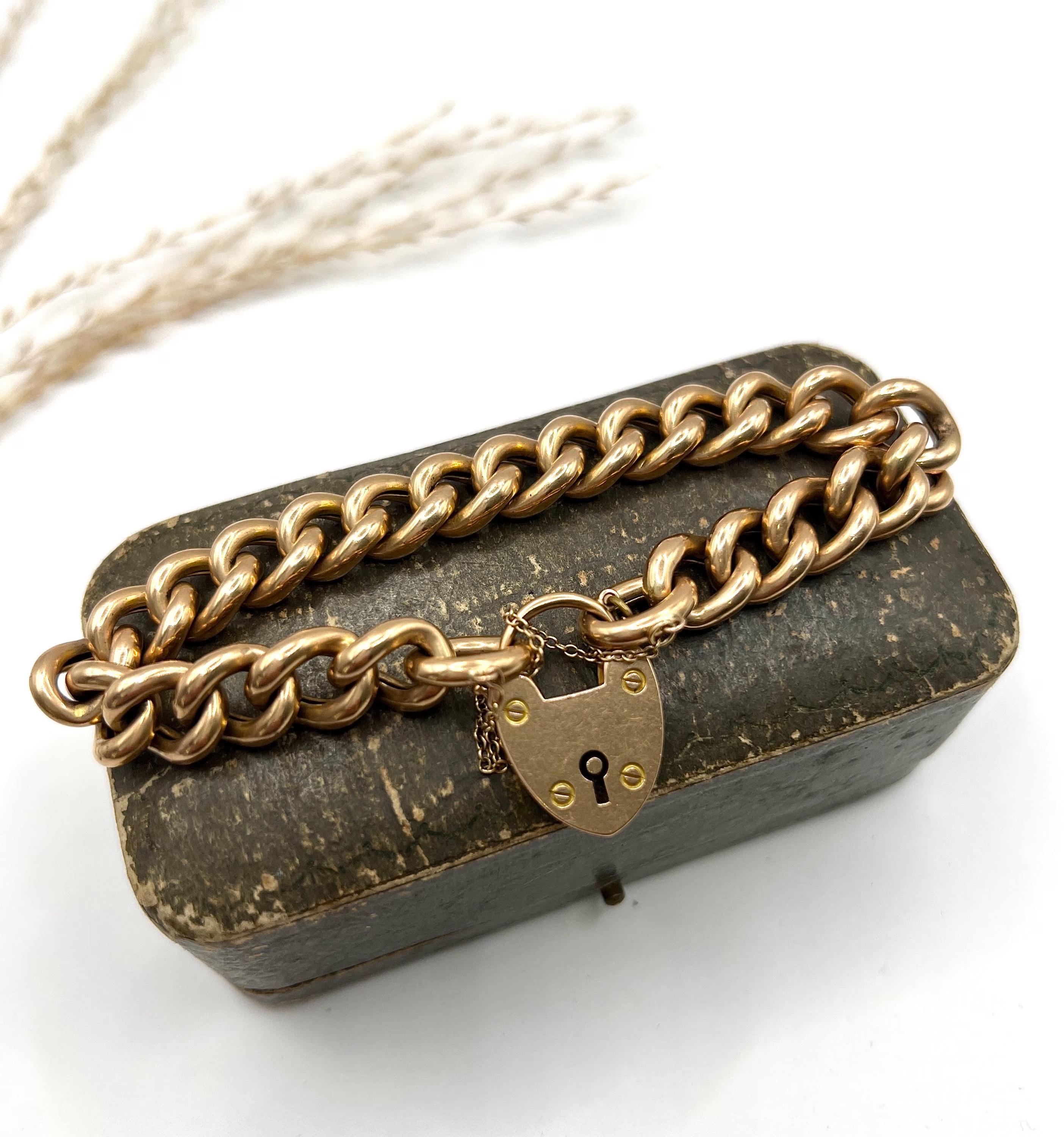 Antique 15ct Rose Gold, Victorian Curb Link Bracelet avec Heart Padlock Clasp Bon état - En vente à Brighton, GB