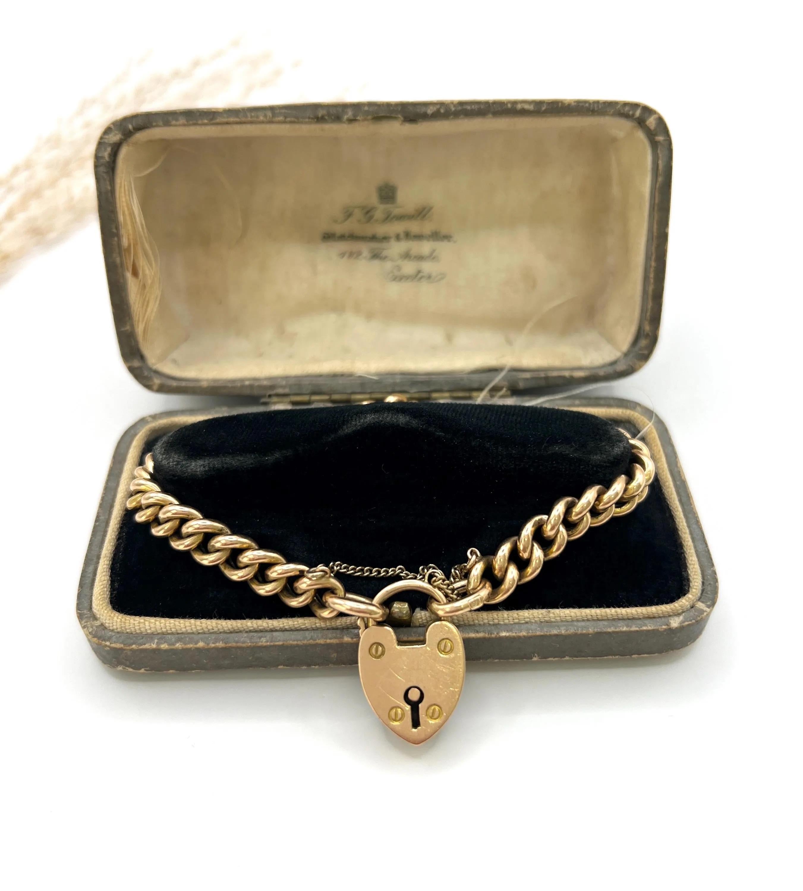 da uomo o donna Bracciale vittoriano A Link con chiusura a lucchetto a cuore, in oro rosa 15ct. in vendita