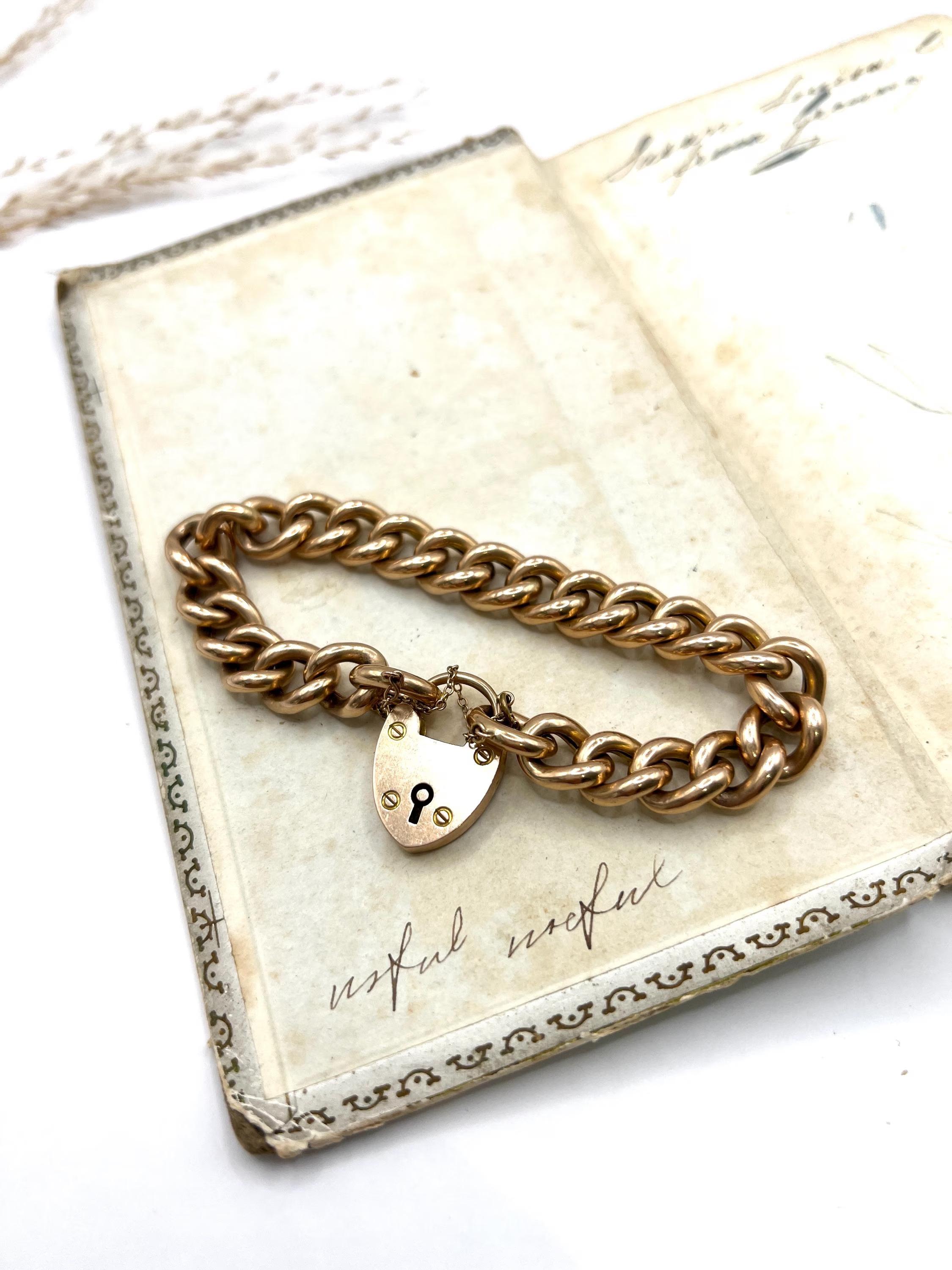 Antique 15ct Rose Gold, Victorian Curb Link Bracelet avec Heart Padlock Clasp Unisexe en vente