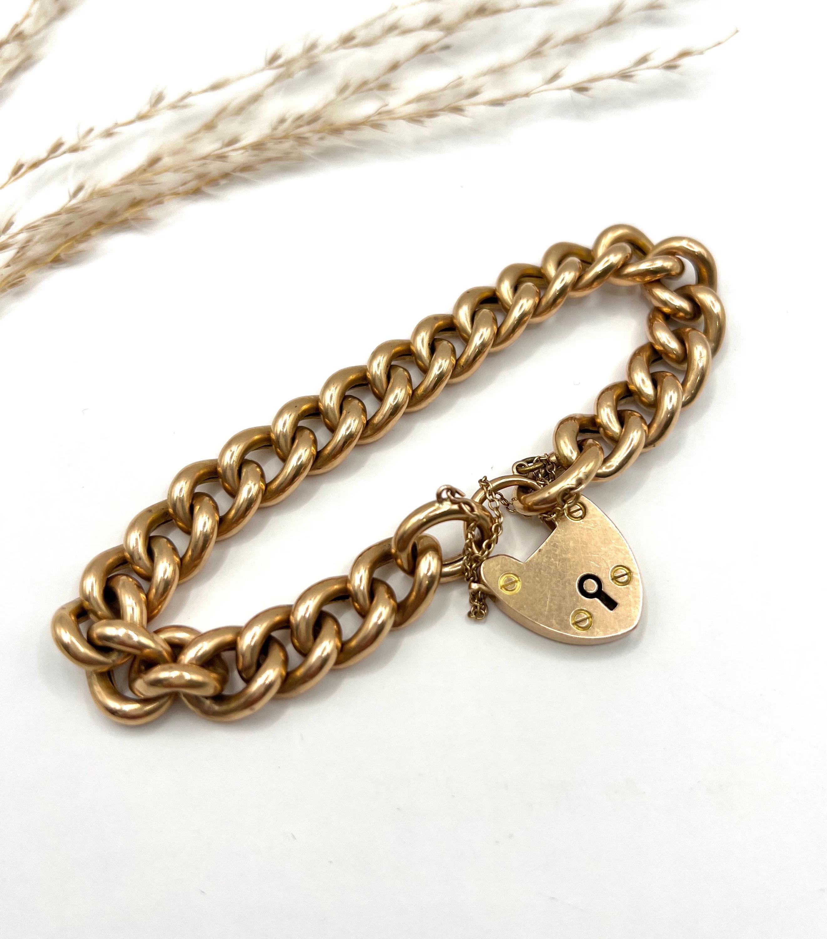 Antique 15ct Rose Gold, Victorian Curb Link Bracelet avec Heart Padlock Clasp en vente 1