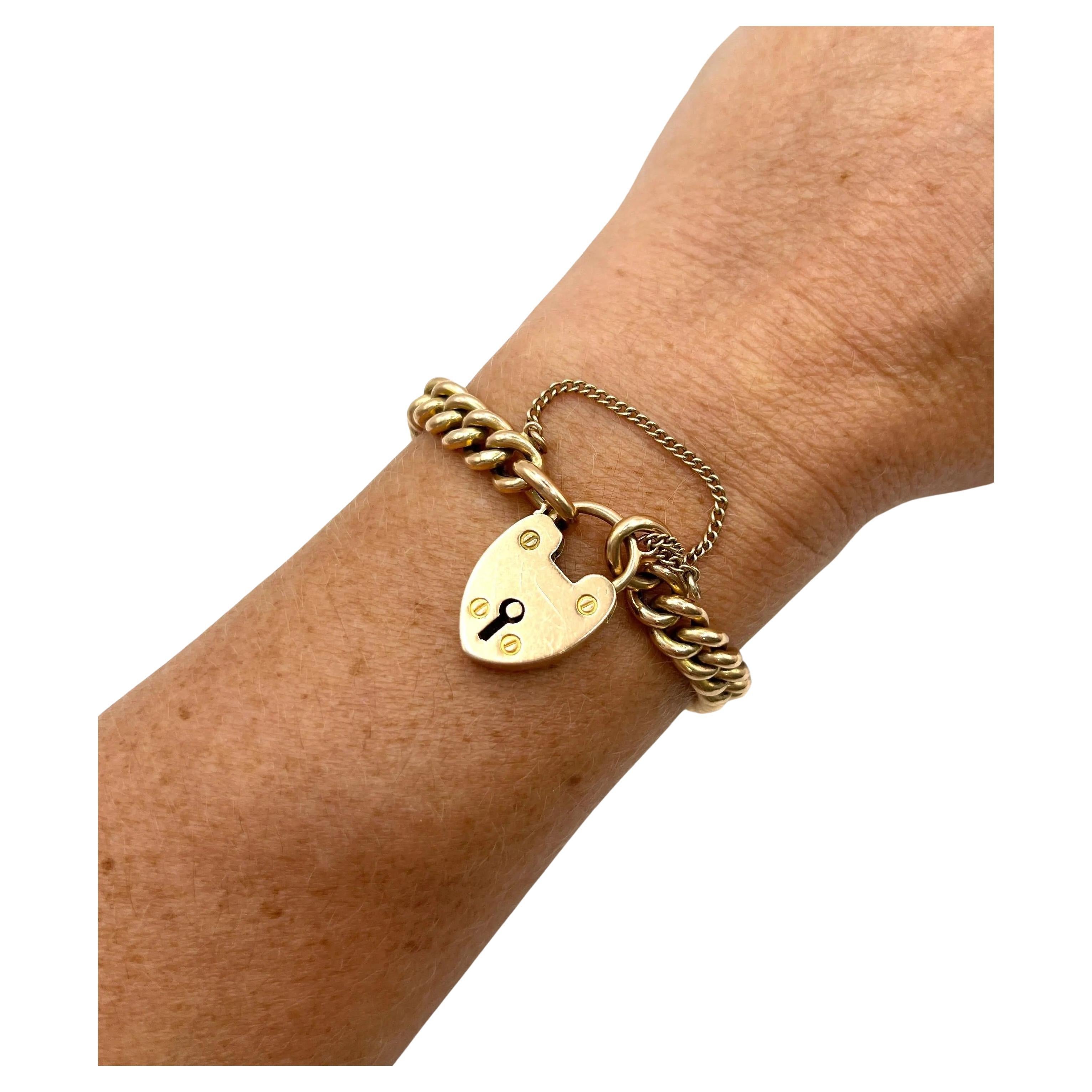 Antique 15ct Rose Gold, Victorian Curb Link Bracelet avec Heart Padlock Clasp
