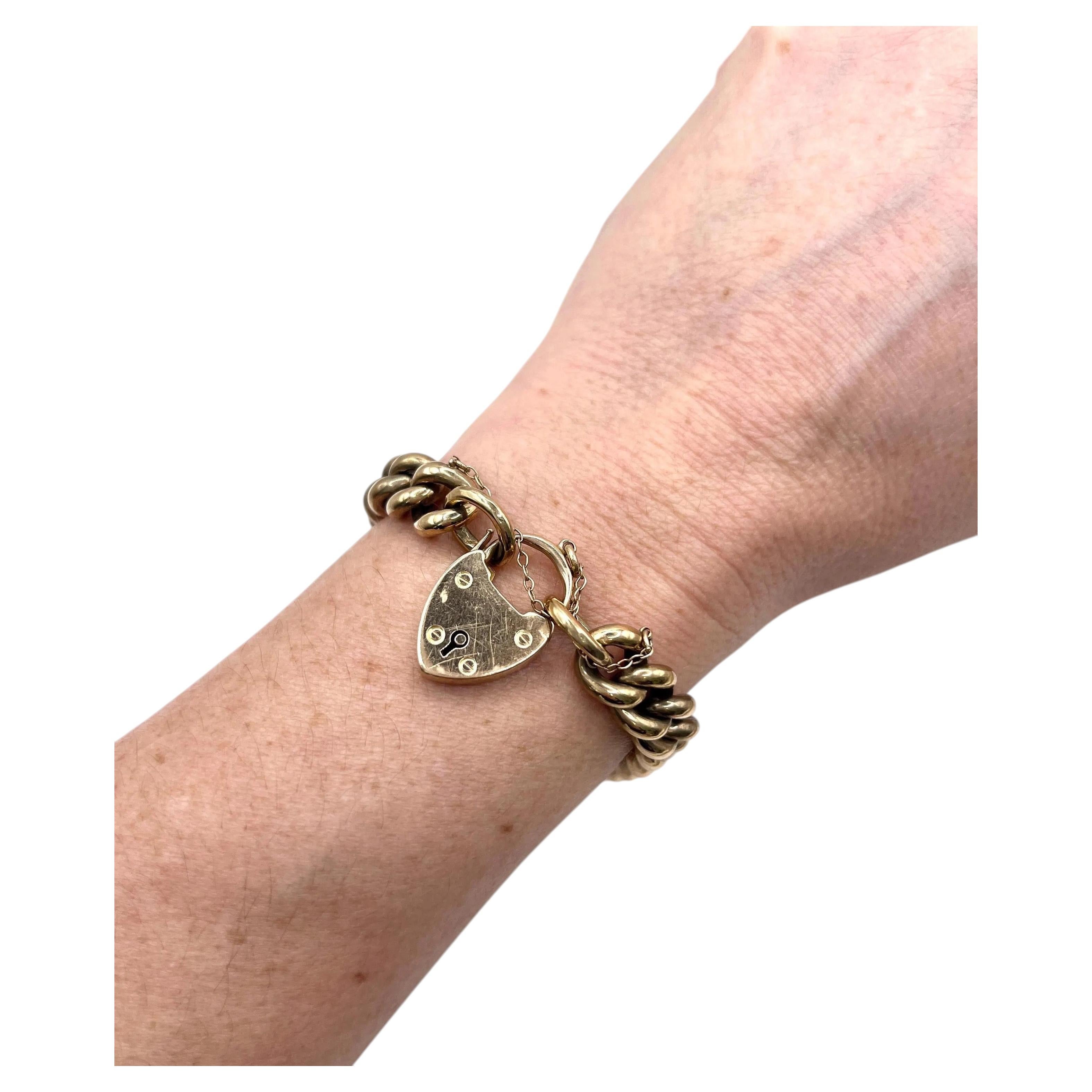 Antique 15ct Rose Gold, Victorian Curb Link Bracelet with Heart Padlock Clasp For Sale