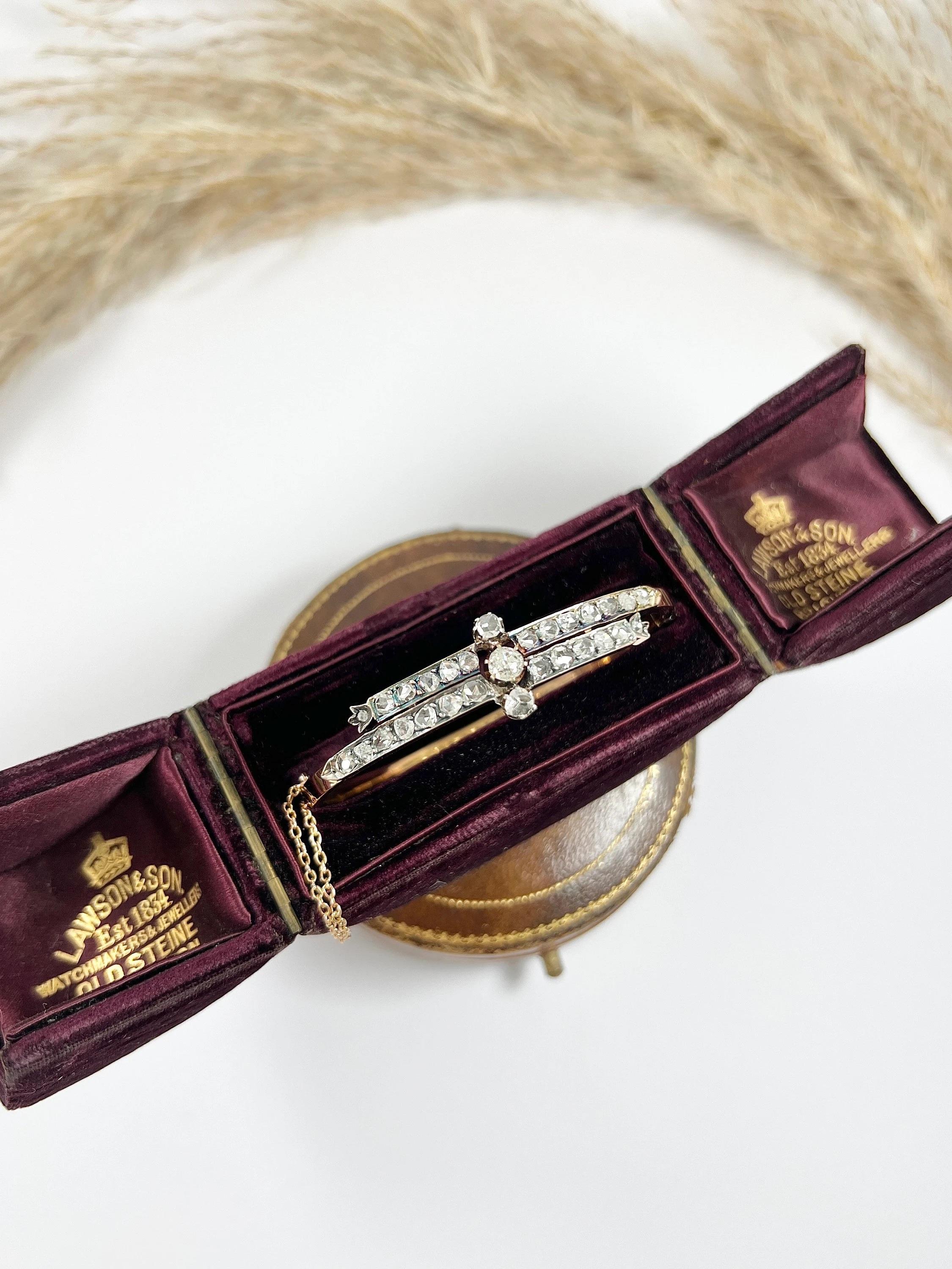 Bracelet jonc victorien ancien en or rose 15 carats avec deux rangées de diamants Bon état - En vente à Brighton, GB