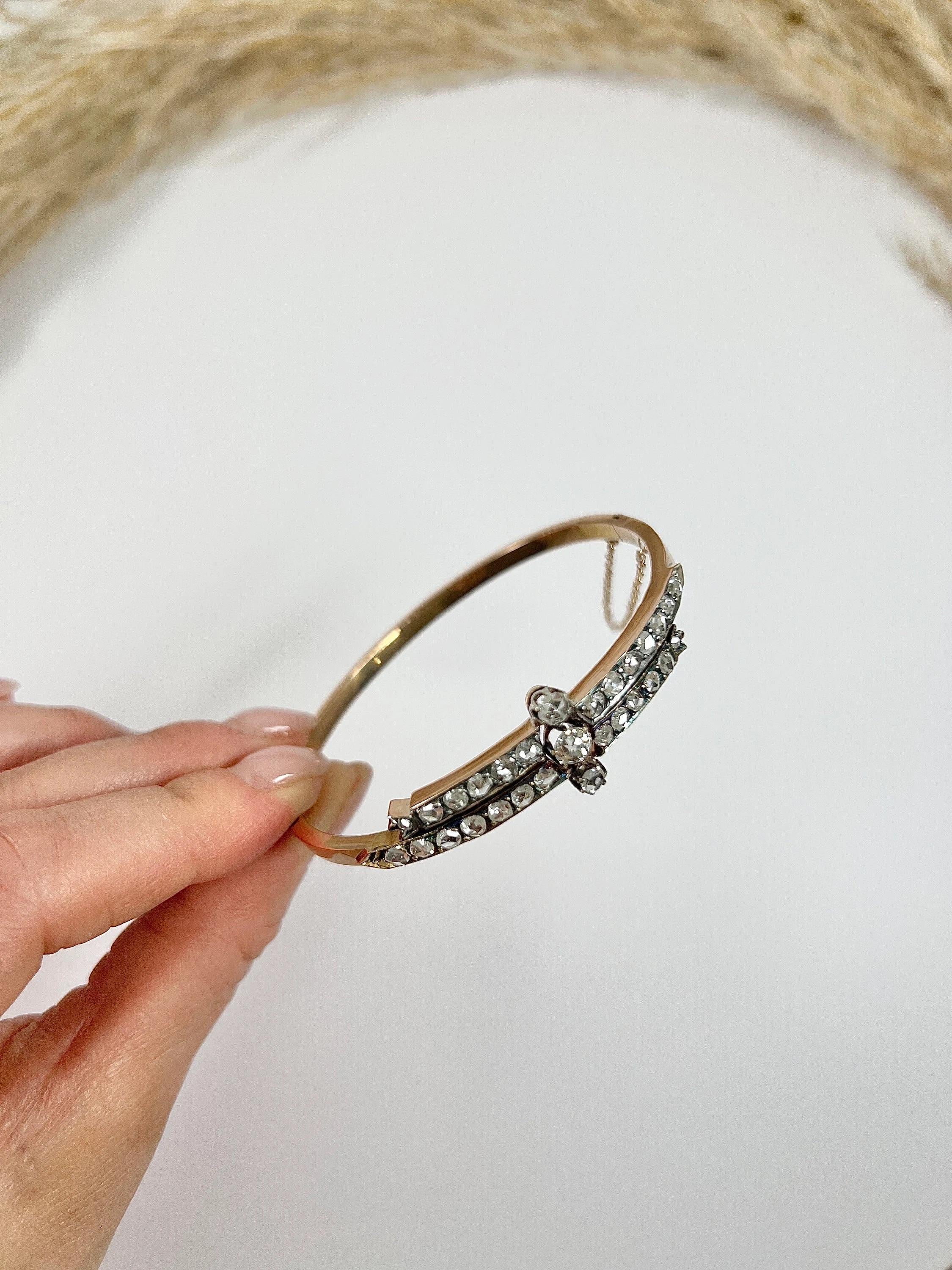 Bracelet jonc victorien ancien en or rose 15 carats avec deux rangées de diamants Unisexe en vente