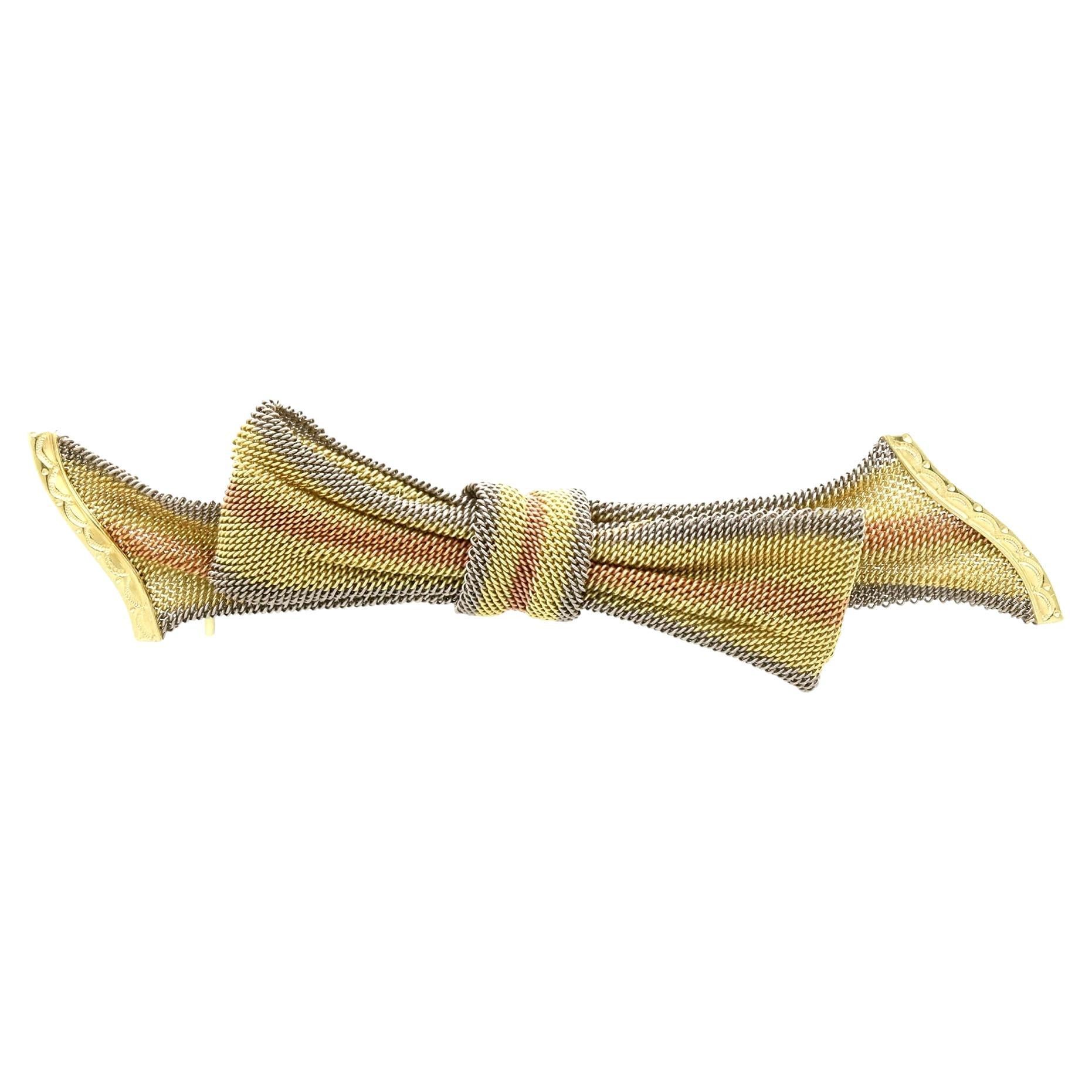Antique Victorian  15ct Tri-Coloured Gold Bow Brooch For Sale