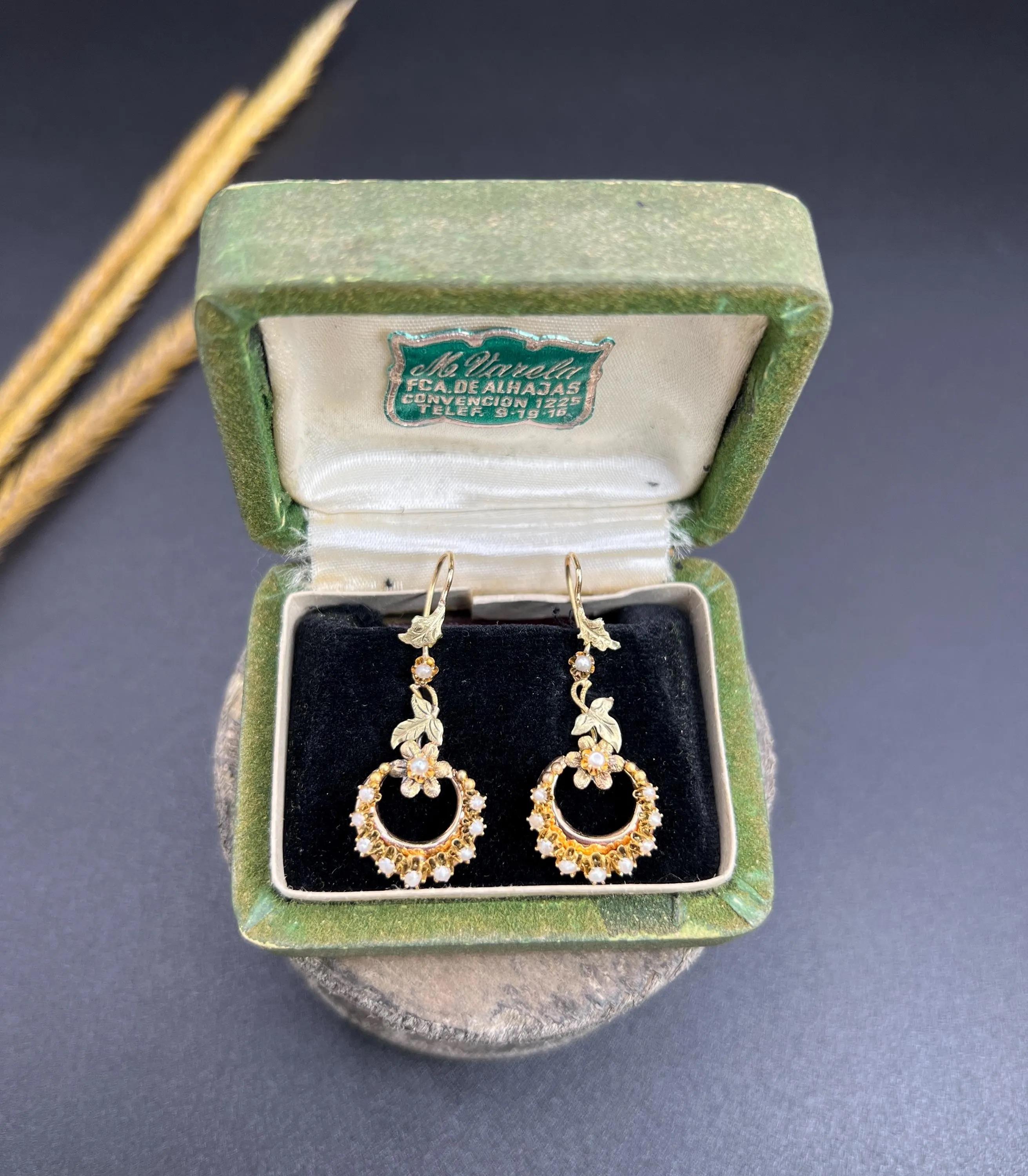 Antique 15ct Two Colour Gold, Edwardian Seed Pearl Floral Crescent Drop Earrings For Sale 5