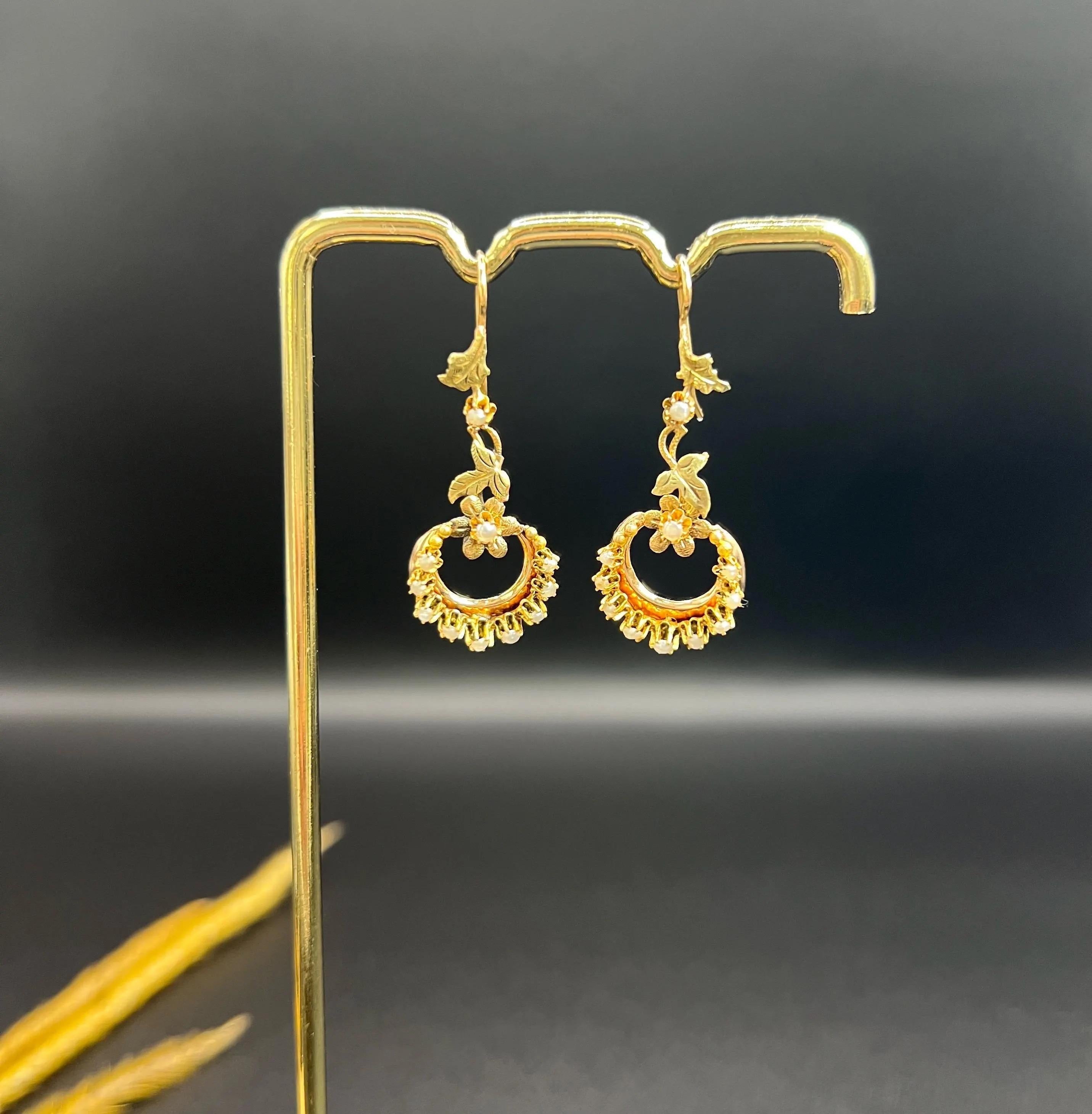 Round Cut Antique 15ct Two Colour Gold, Edwardian Seed Pearl Floral Crescent Drop Earrings For Sale