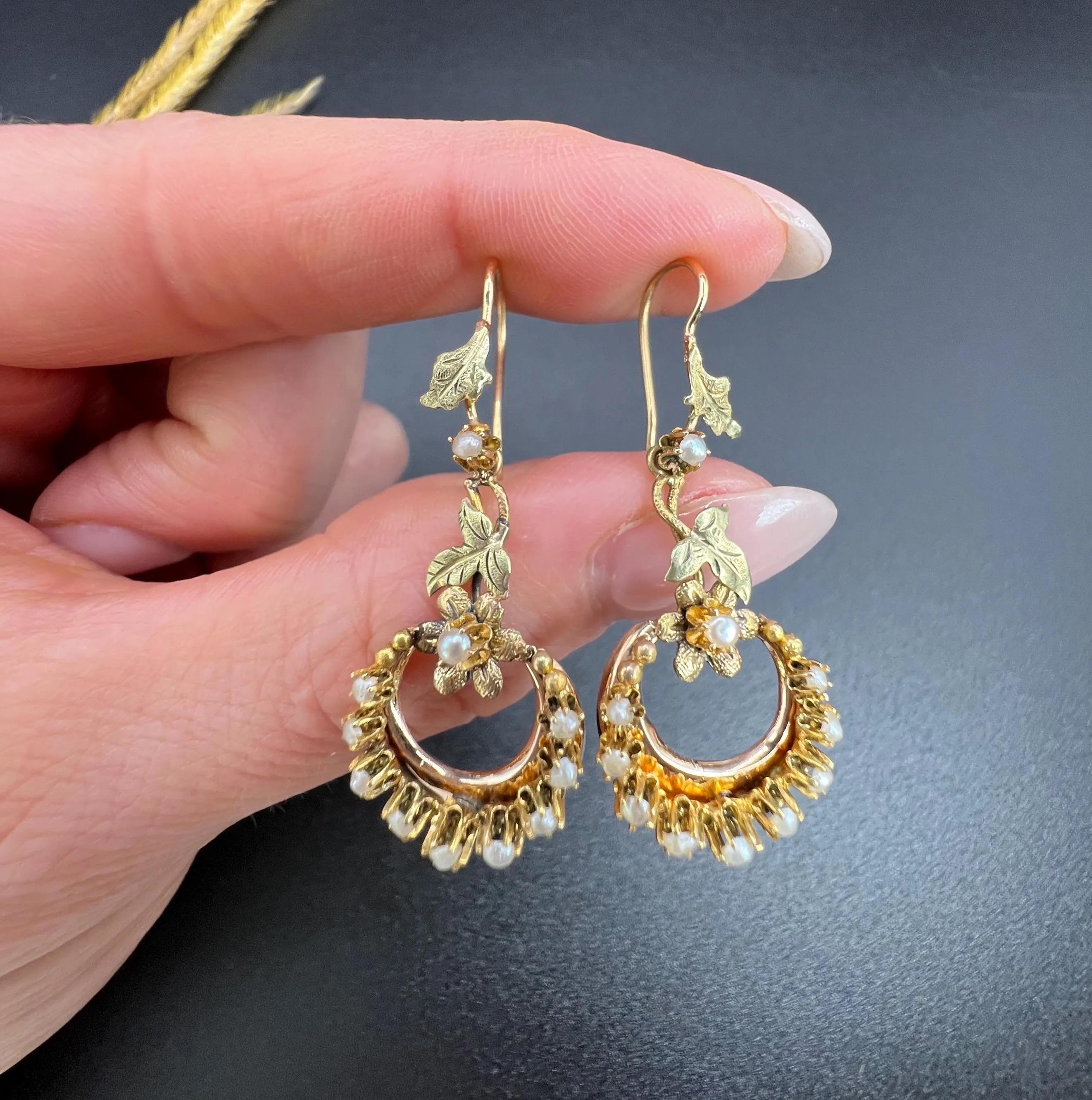 Antique 15ct Two Colour Gold, Edwardian Seed Pearl Floral Crescent Drop Earrings In Good Condition For Sale In Brighton, GB
