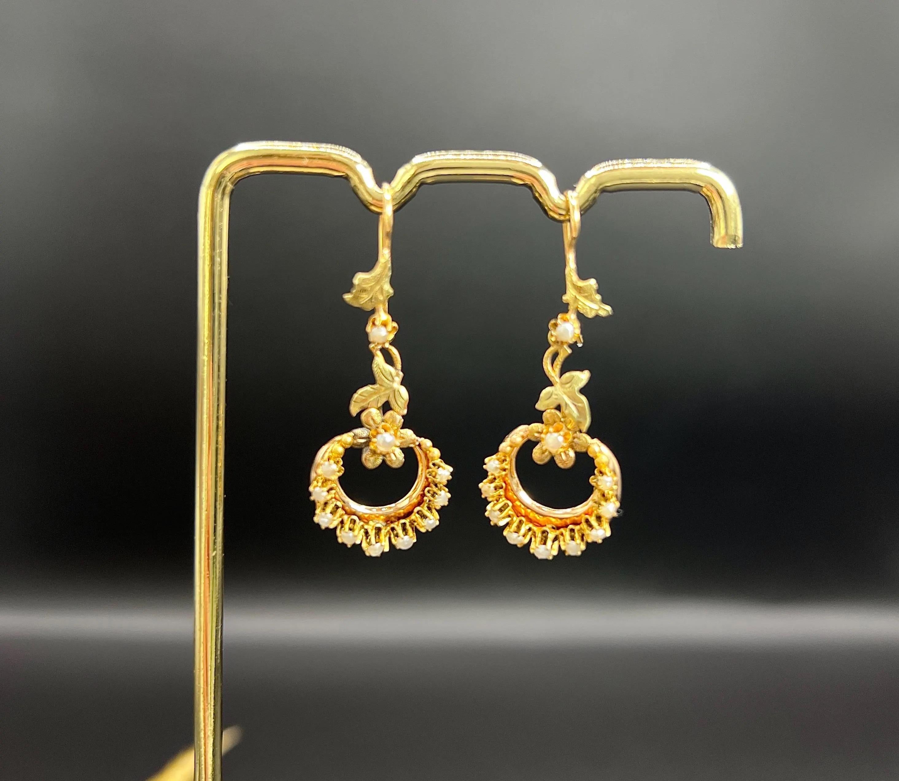 Antique 15ct Two Colour Gold, Edwardian Seed Pearl Floral Crescent Drop Earrings For Sale 1