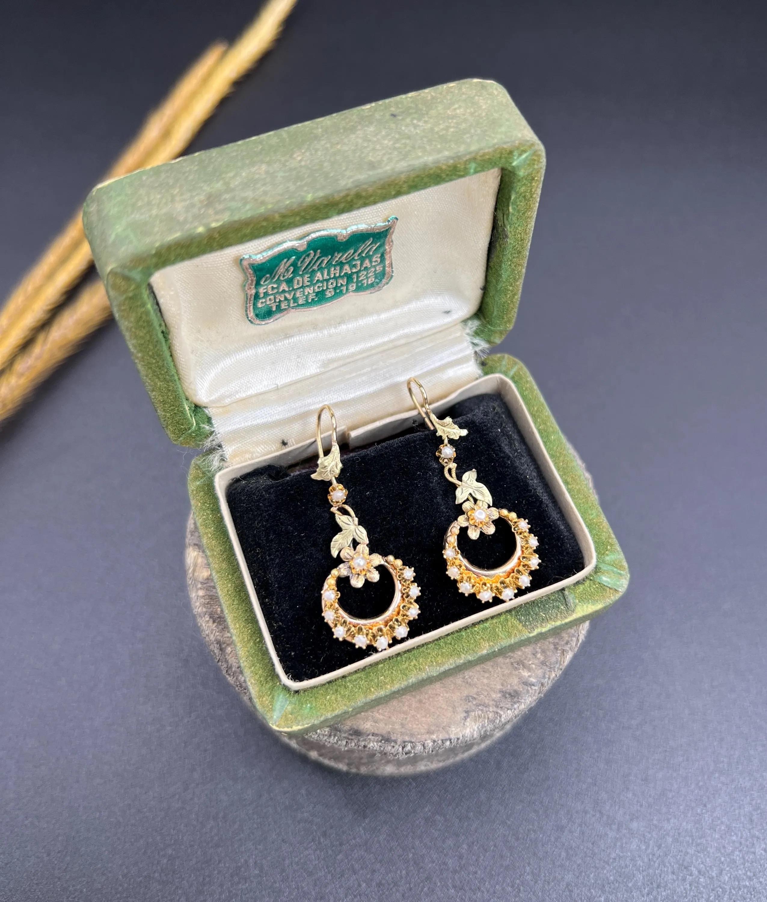 Antique 15ct Two Colour Gold, Edwardian Seed Pearl Floral Crescent Drop Earrings For Sale 2