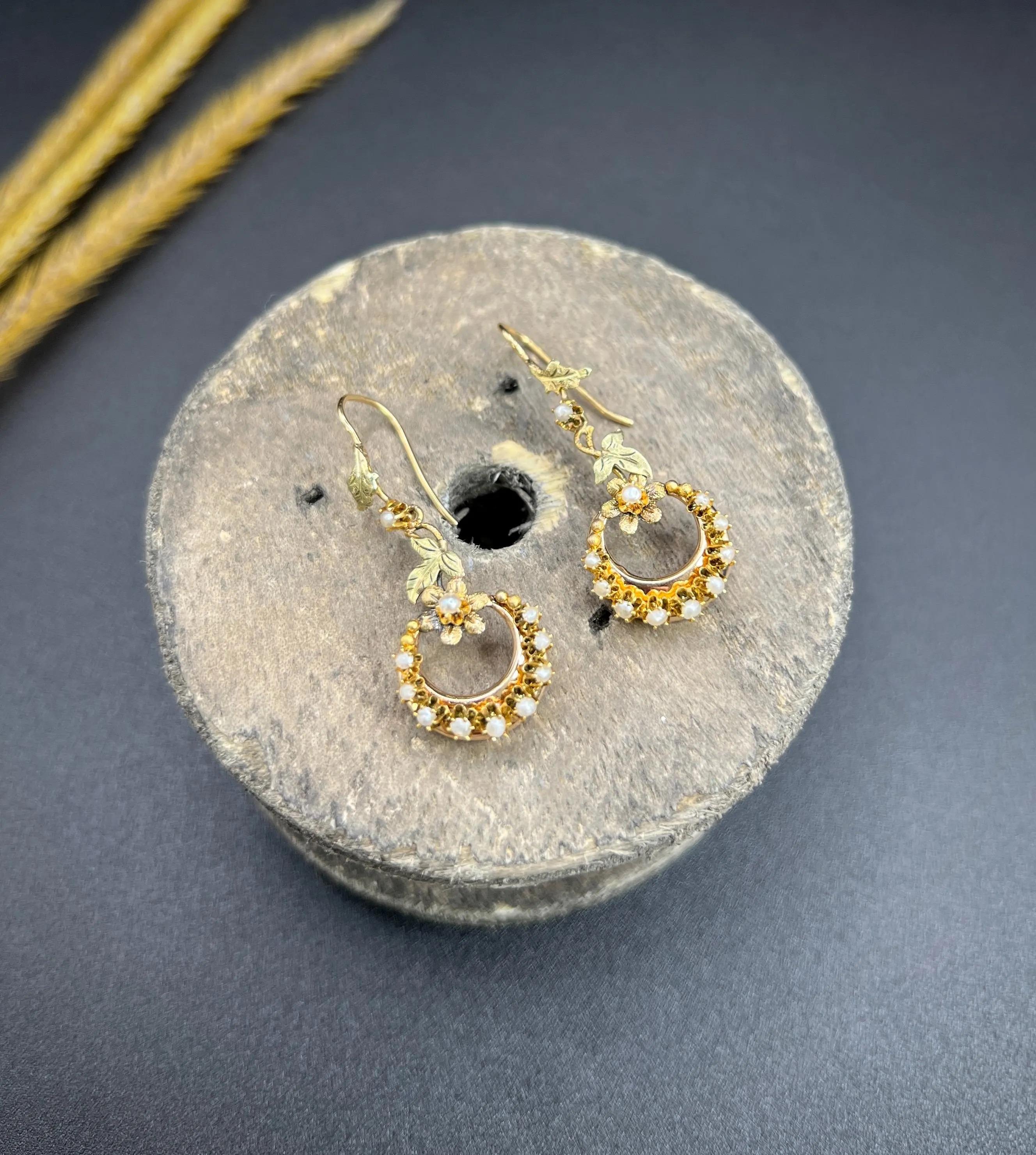 Antique 15ct Two Colour Gold, Edwardian Seed Pearl Floral Crescent Drop Earrings For Sale 4