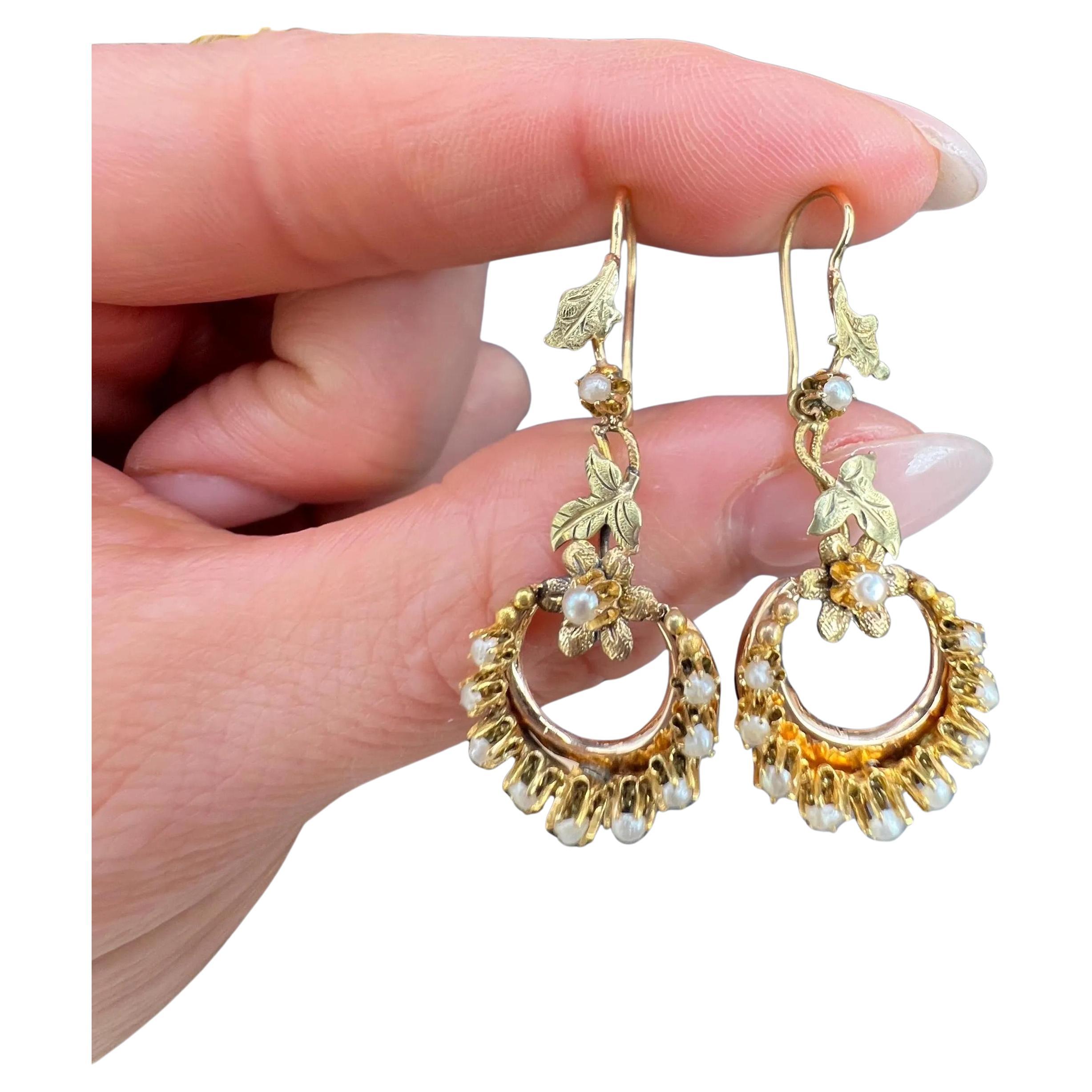 Antique 15ct Two Colour Gold, Edwardian Seed Pearl Floral Crescent Drop Earrings For Sale