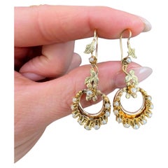 Orecchini antichi in oro bicolore 15ct, con perle di seme edoardiane a mezzaluna floreale