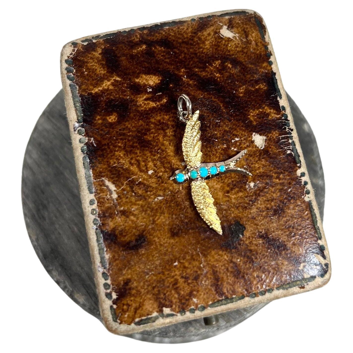 Antique 15ct two Colour Gold Victorian Turquoise Swallow Pendant For Sale