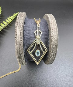 Antique 15ct Yellow Gold, Art Deco Aquamarine & Diamond Pendulum Drop Pendant