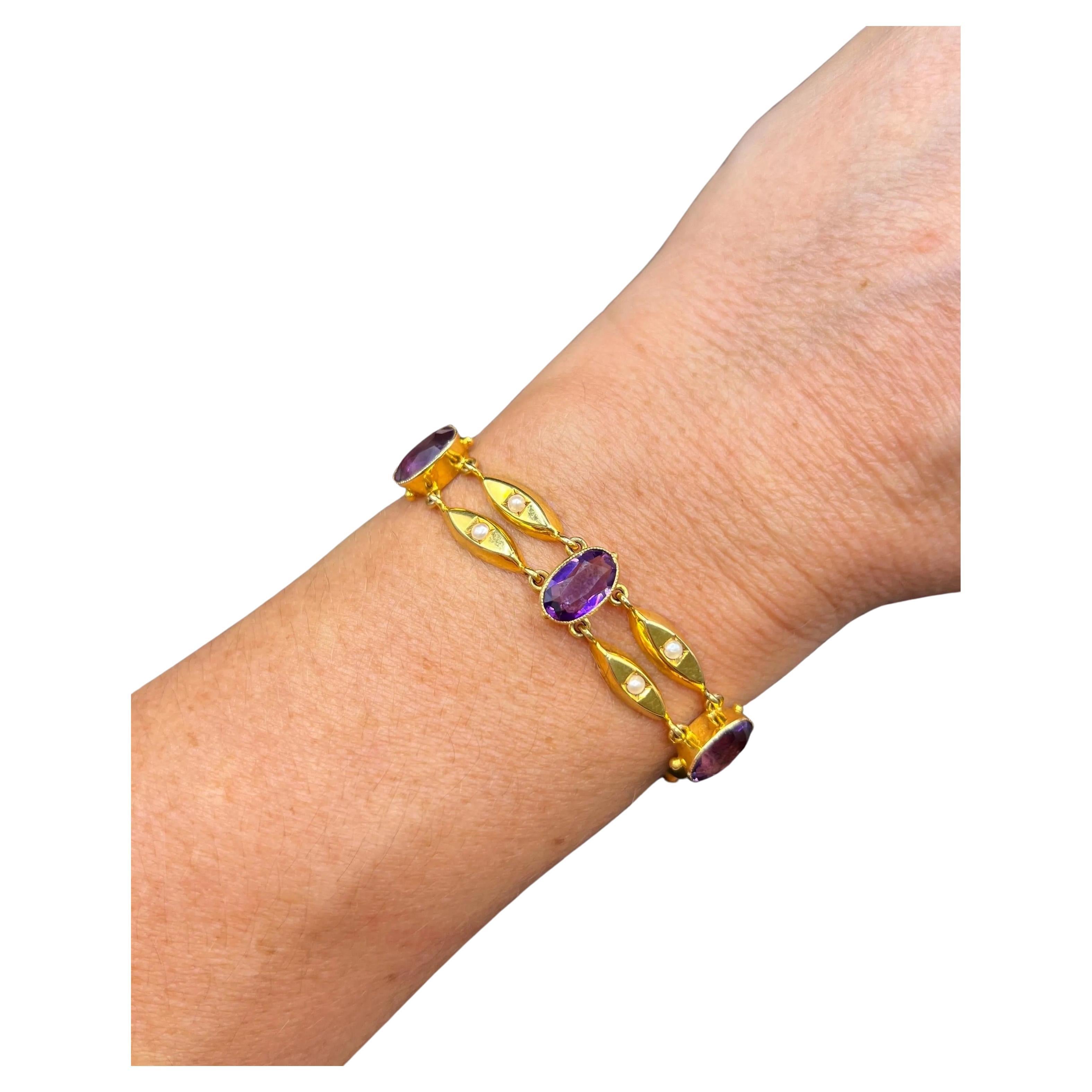 Antike 15ct Gelbgold, Jugendstil Amethyst & Seed Pearl Zwei Reihen Armband