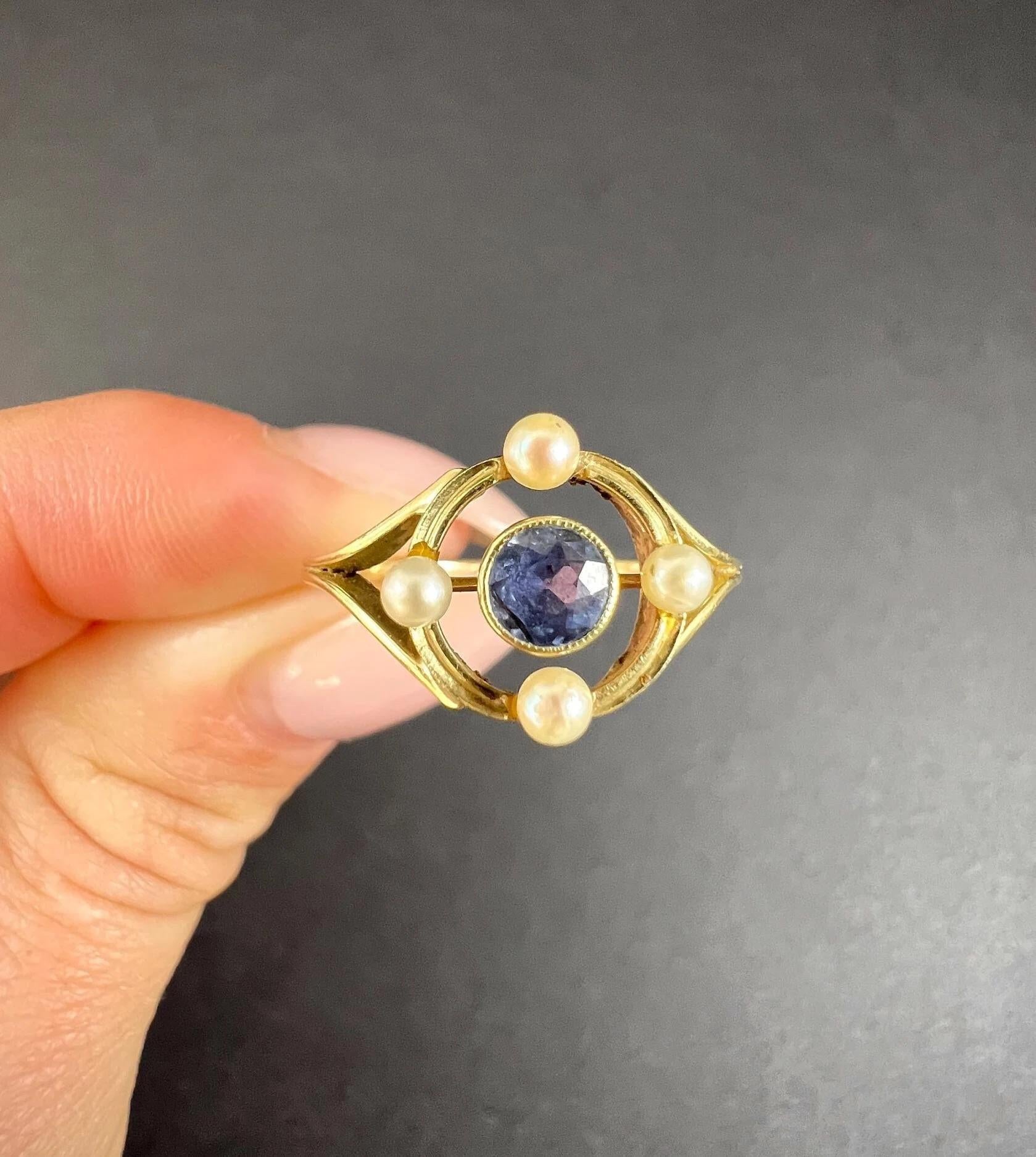 Antique 15ct Yellow Gold, Art Nouveau Sapphire and Pearl Target Ring For Sale 6