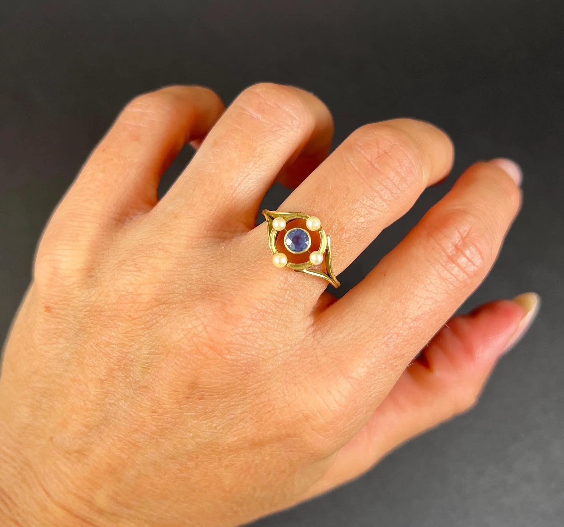 Round Cut Antique 15ct Yellow Gold, Art Nouveau Sapphire and Pearl Target Ring For Sale