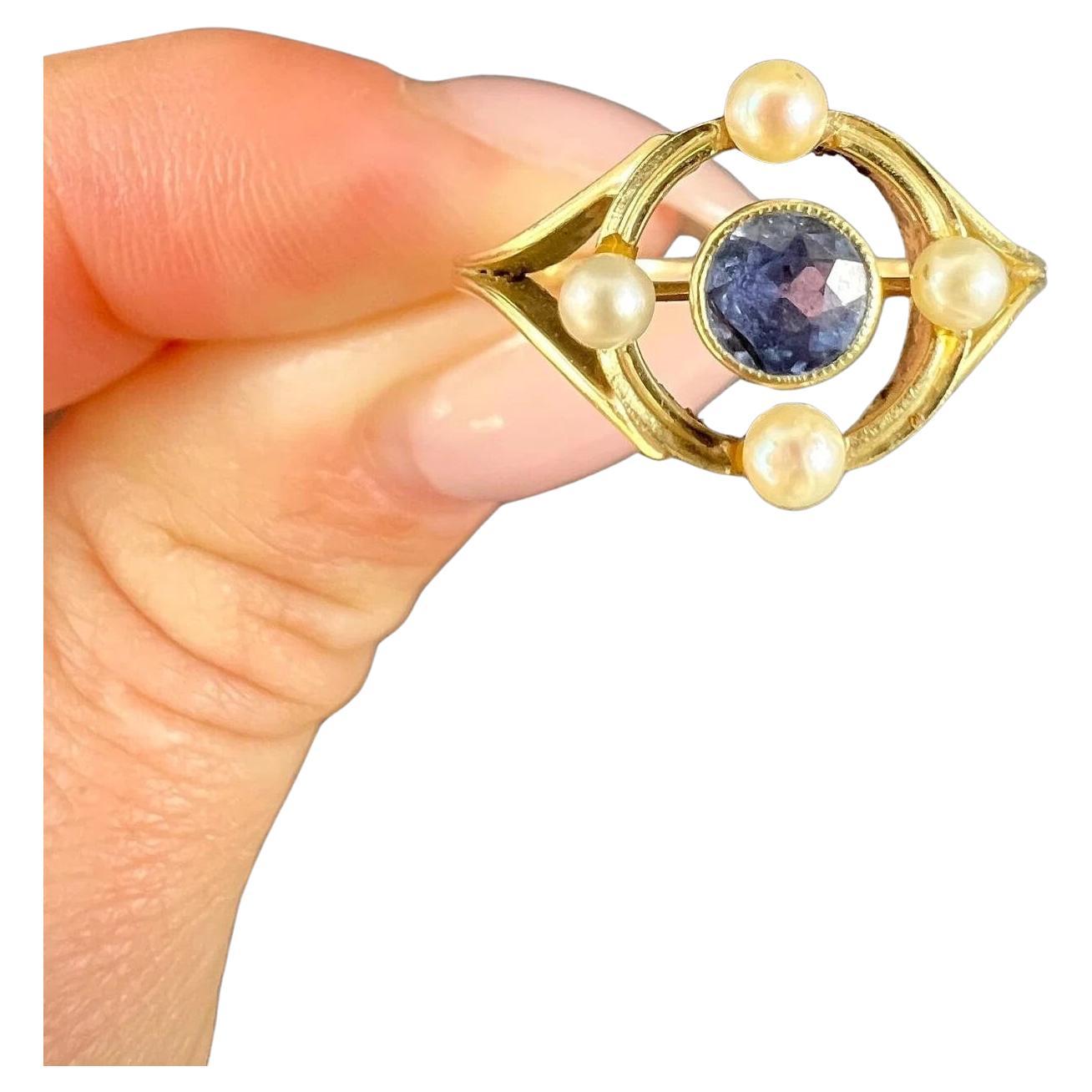 Antique 15ct Yellow Gold, Art Nouveau Sapphire and Pearl Target Ring