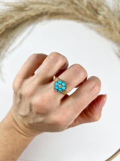 Antique 15ct Yellow Gold, Early Victorian Turquoise & Diamond Daisy Cluster Ring