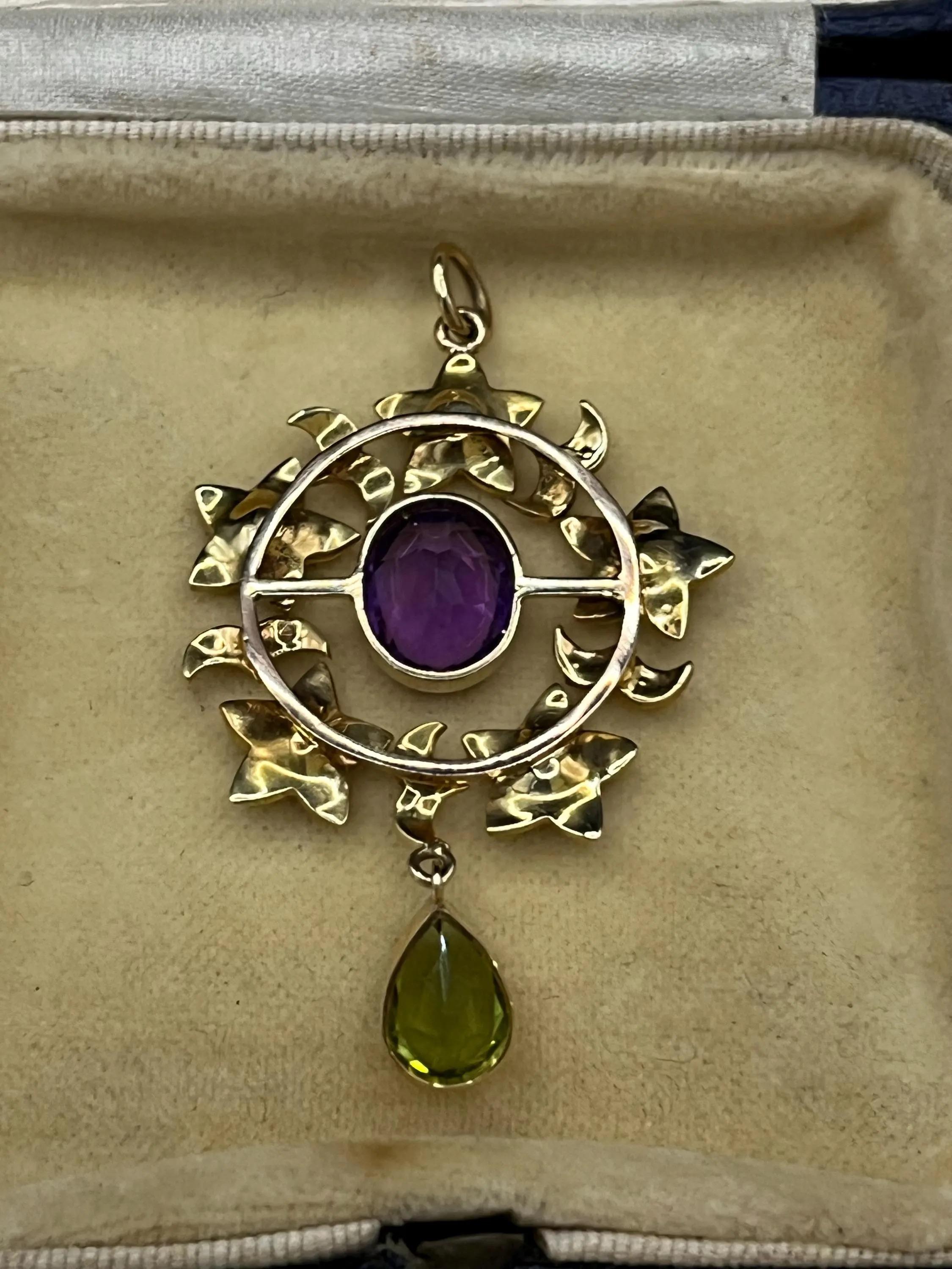 Antique 15ct Yellow Gold Edwardian Amethyst, Pearl & Peridot Suffragette Pendant For Sale 5