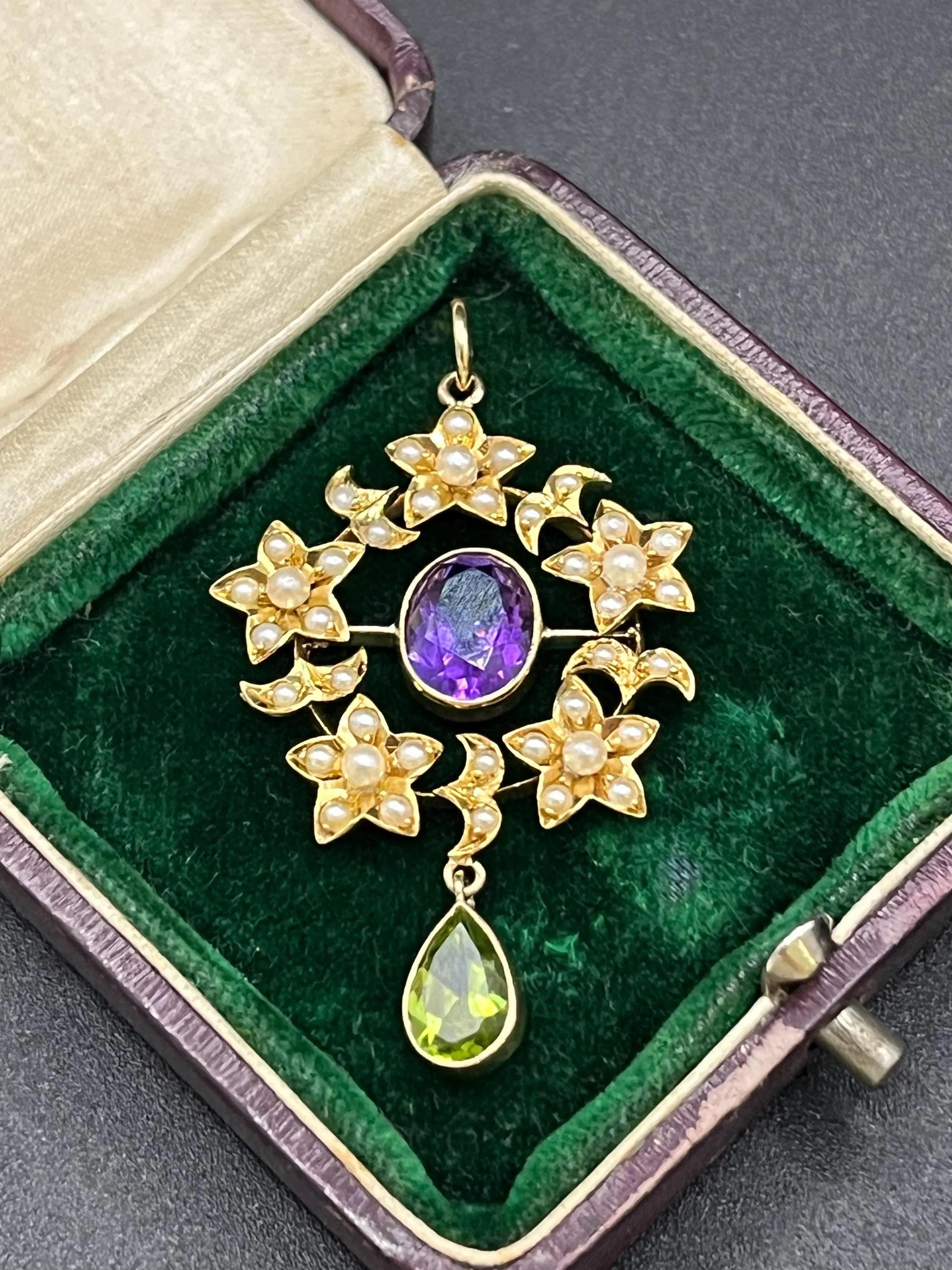 Antique 15ct Yellow Gold Edwardian Amethyst, Pearl & Peridot Suffragette Pendant For Sale 6