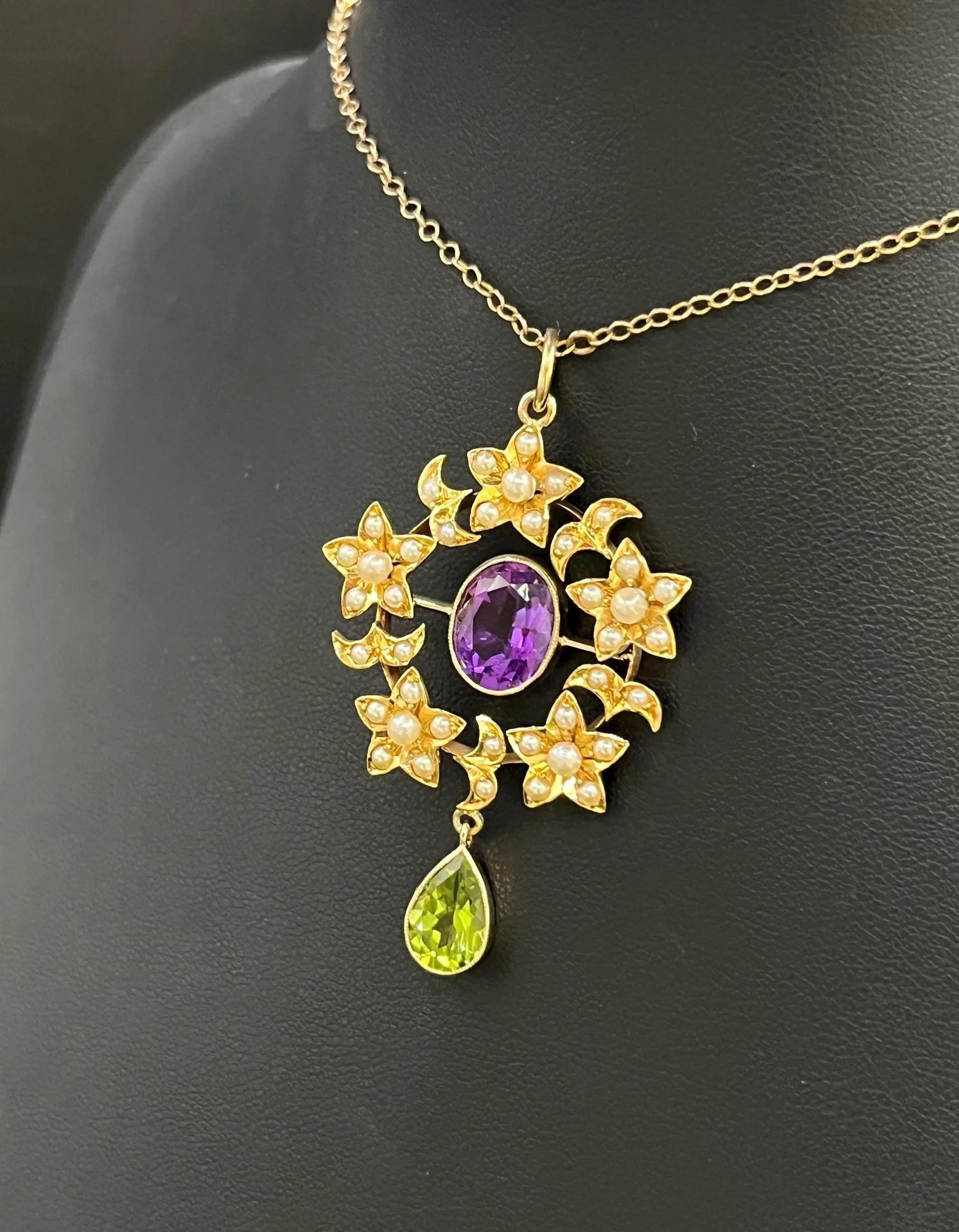 Antique Suffragette Pendant

15ct Gold 

Circa 1910

* The chain is sold separately

Edwardian pendant dating to around 1910, crafted in 15ct yellow gold. Set with a central amethyst, seed pearls, and a drop peridot, the piece reflects the