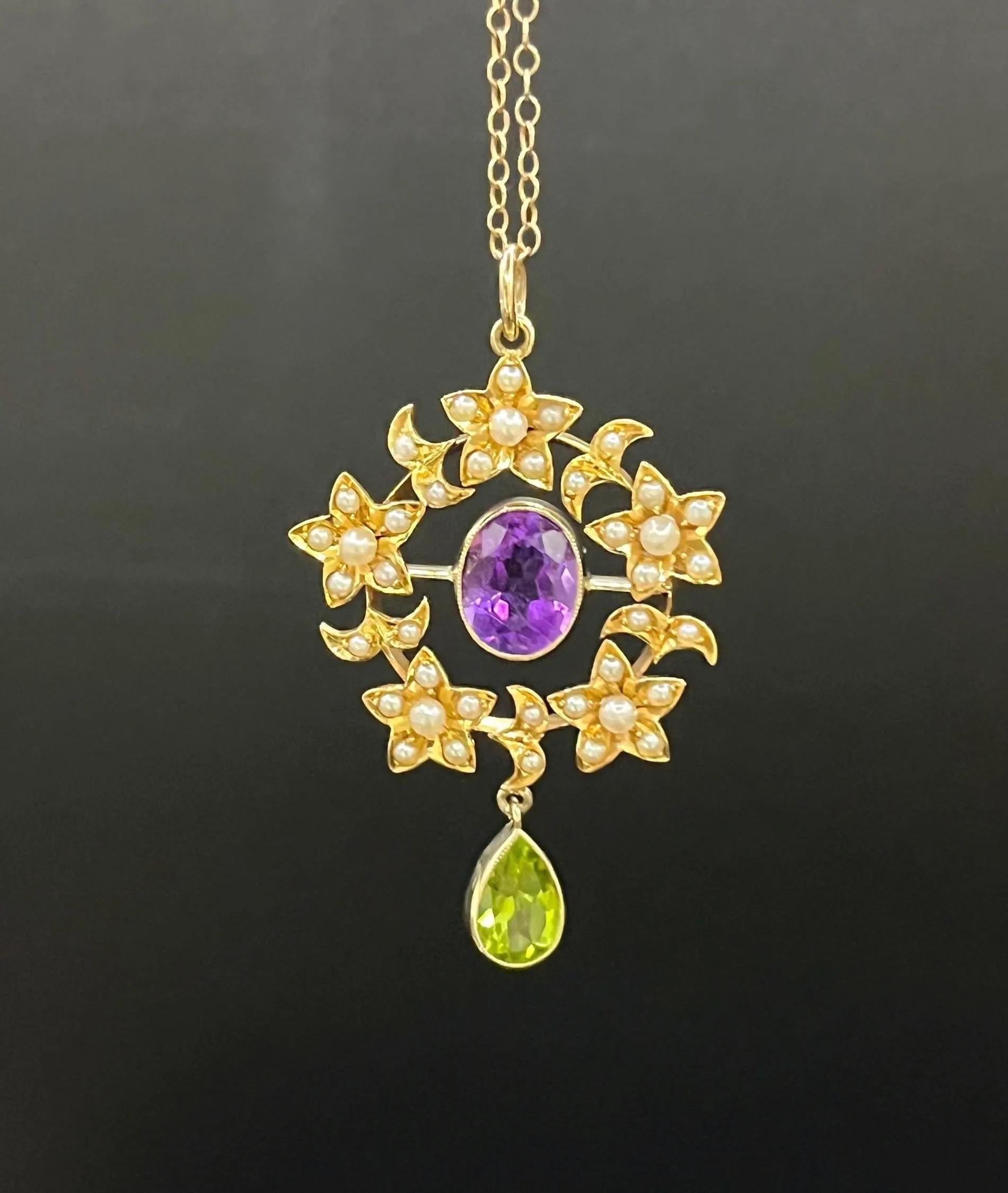 Mixed Cut Antique 15ct Yellow Gold Edwardian Amethyst, Pearl & Peridot Suffragette Pendant For Sale