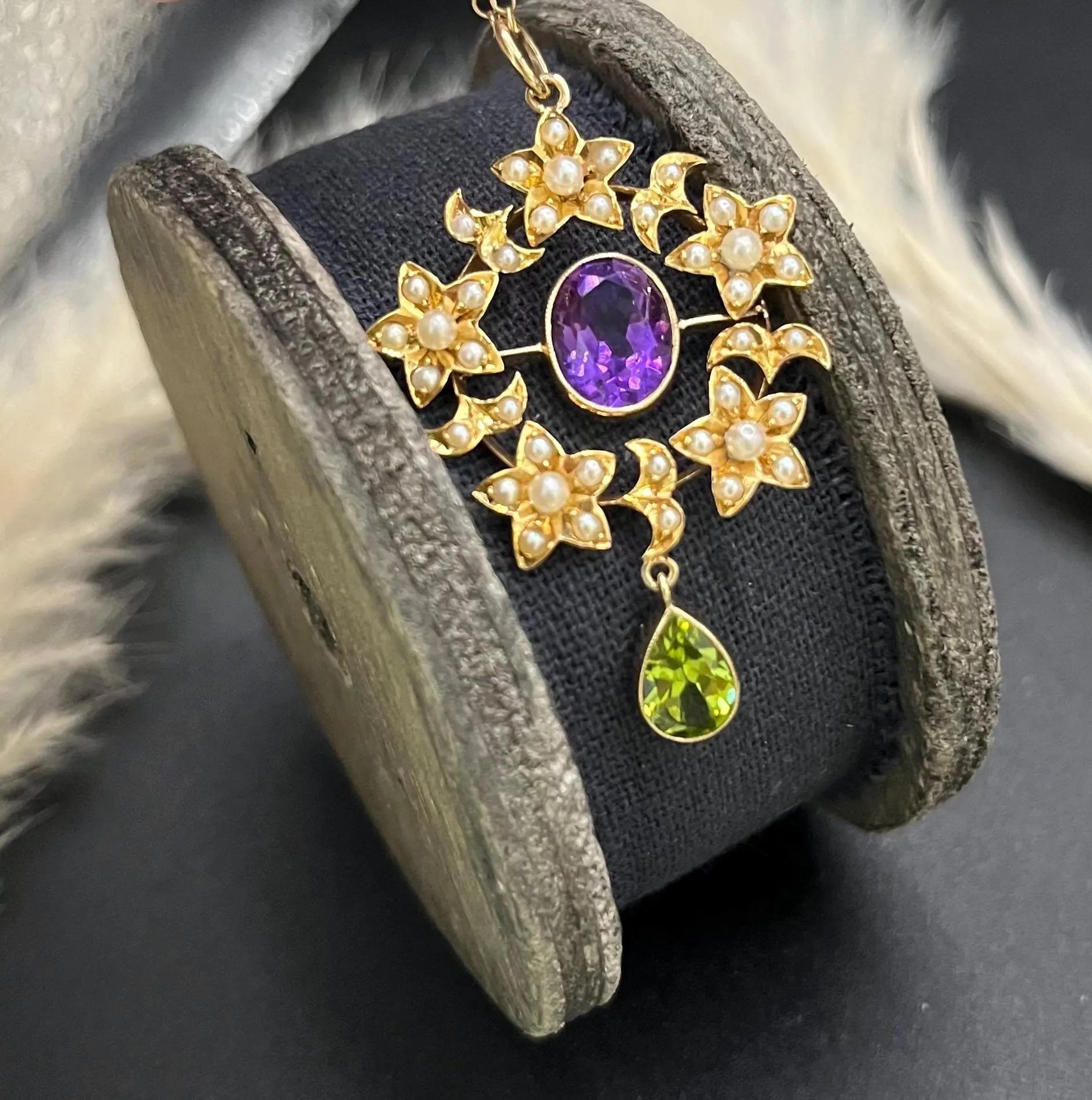 Antique 15ct Yellow Gold Edwardian Amethyst, Pearl & Peridot Suffragette Pendant For Sale 2