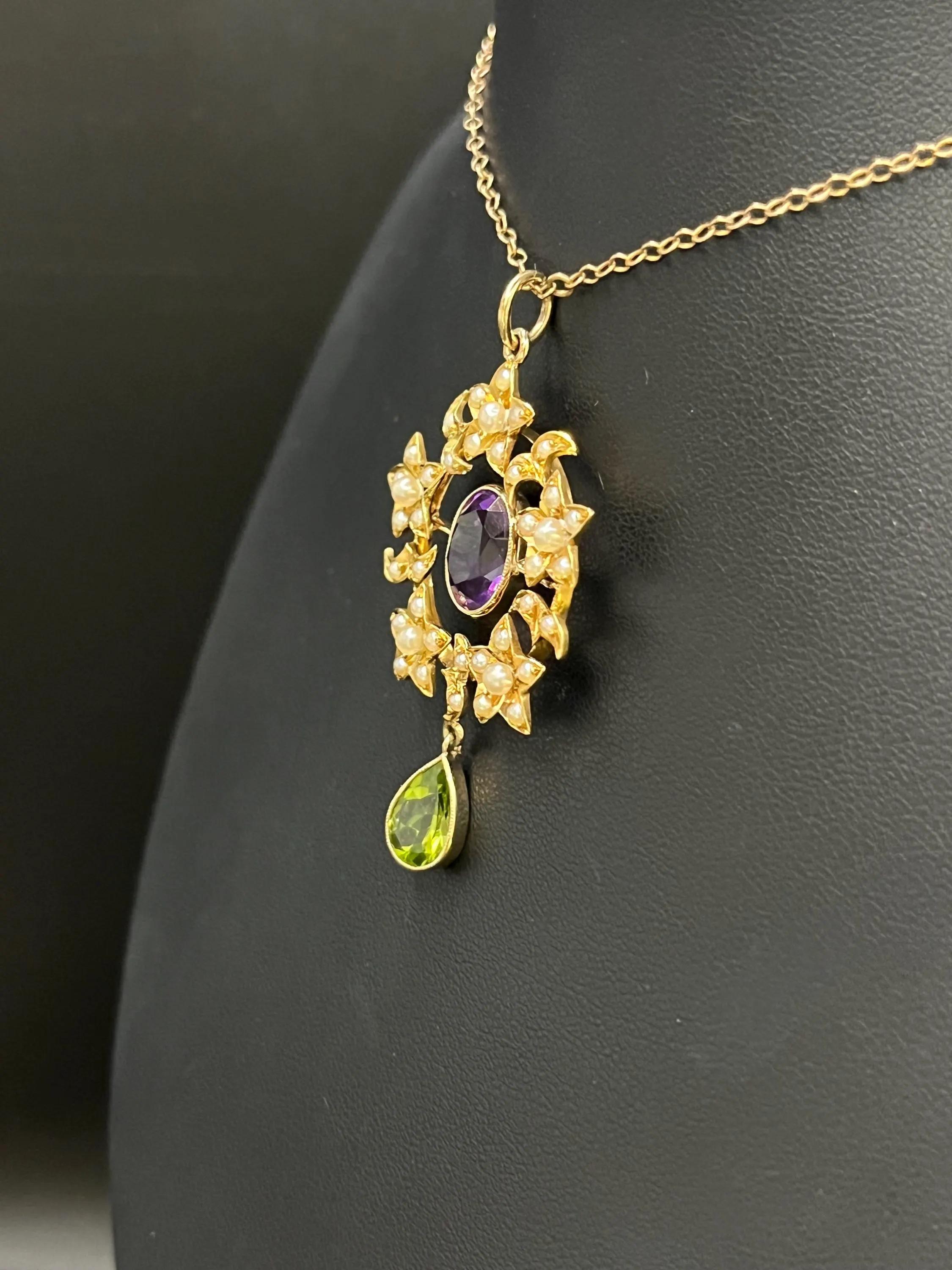 Antique 15ct Yellow Gold Edwardian Amethyst, Pearl & Peridot Suffragette Pendant For Sale 3