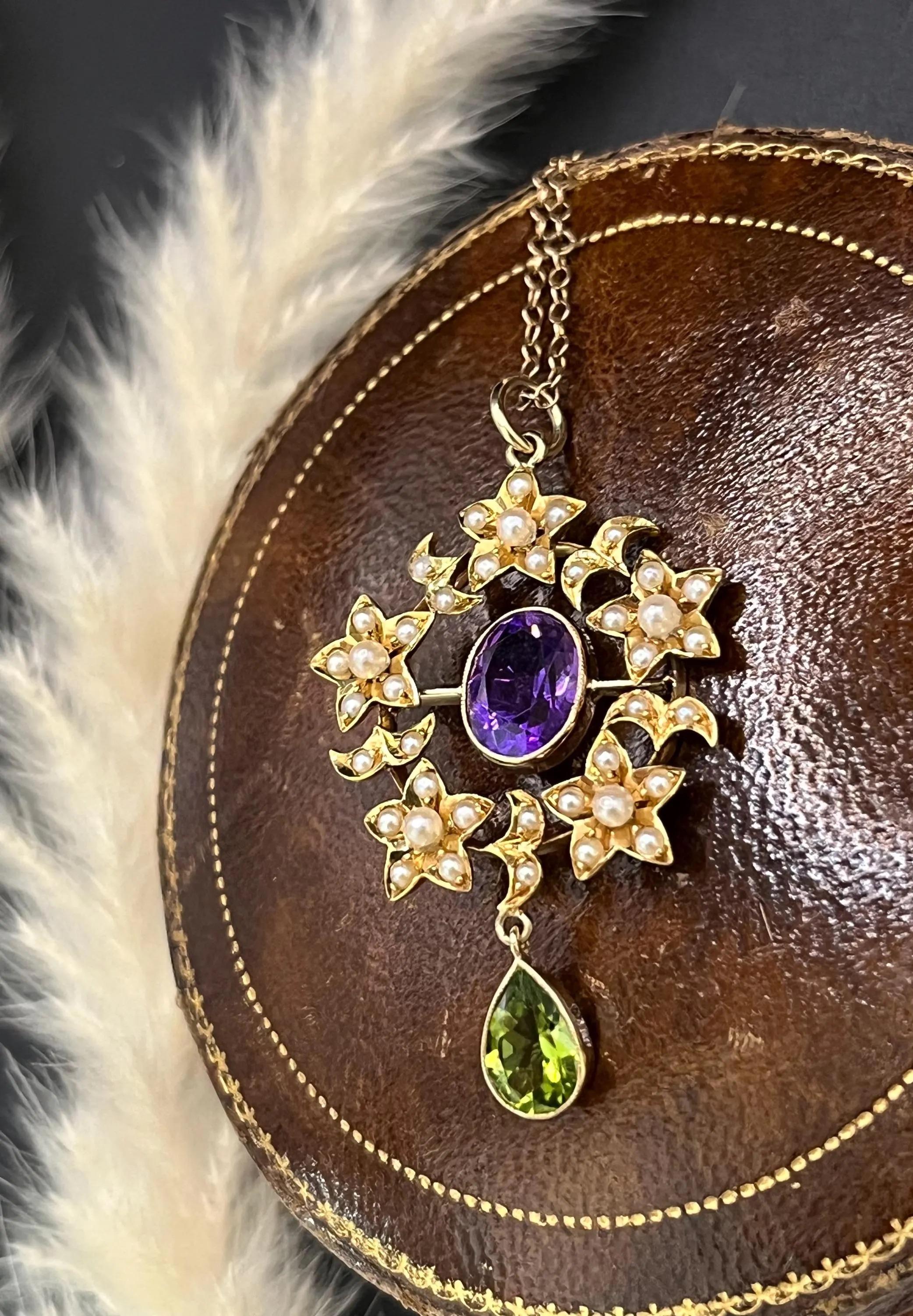 Antique 15ct Yellow Gold Edwardian Amethyst, Pearl & Peridot Suffragette Pendant For Sale 4