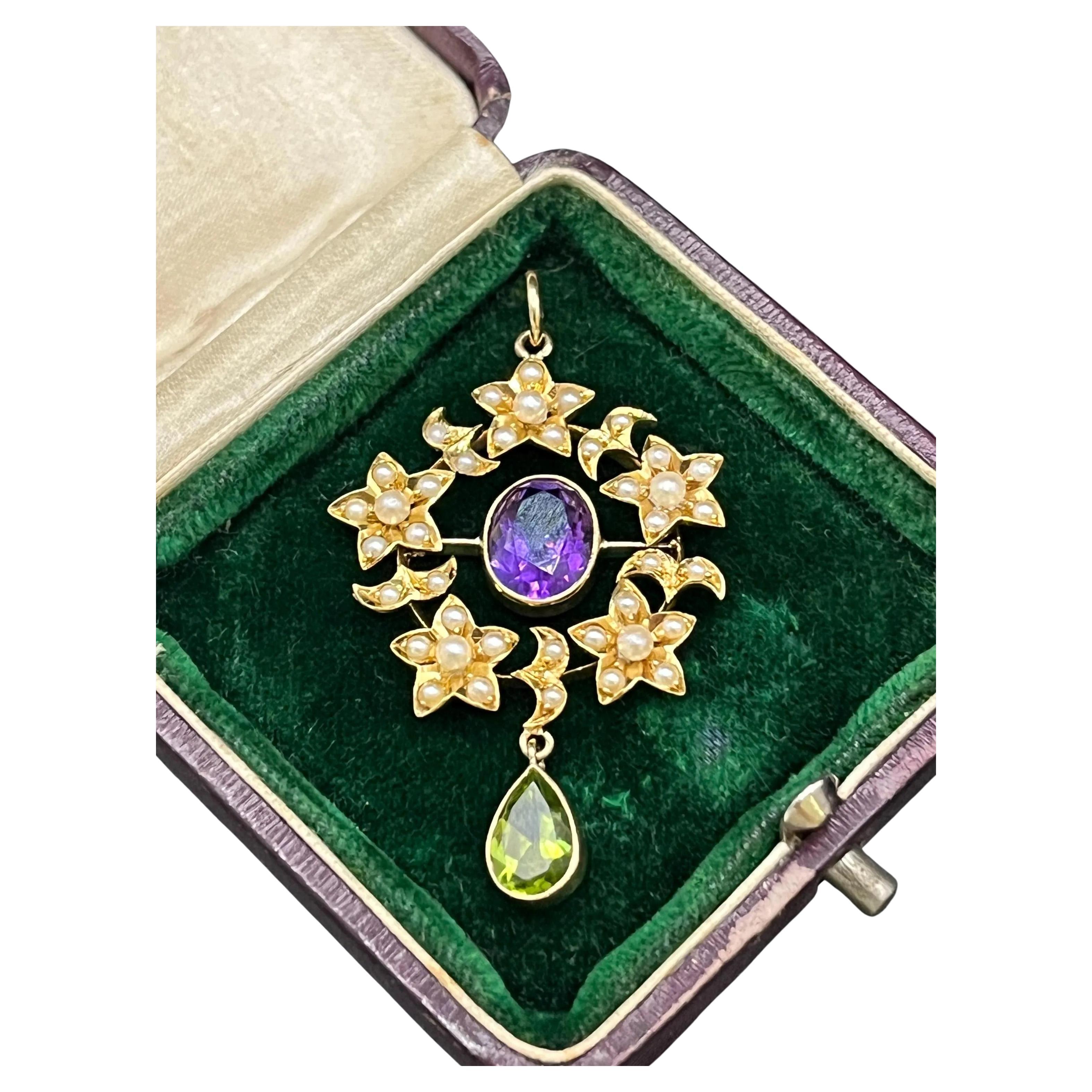 Antique 15ct Yellow Gold Edwardian Amethyst, Pearl & Peridot Suffragette Pendant For Sale