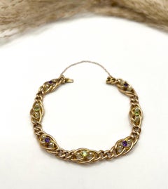 Antique 15ct Yellow Gold Edwardian Amethyst Peridot & Pearl Suffragette Bracelet