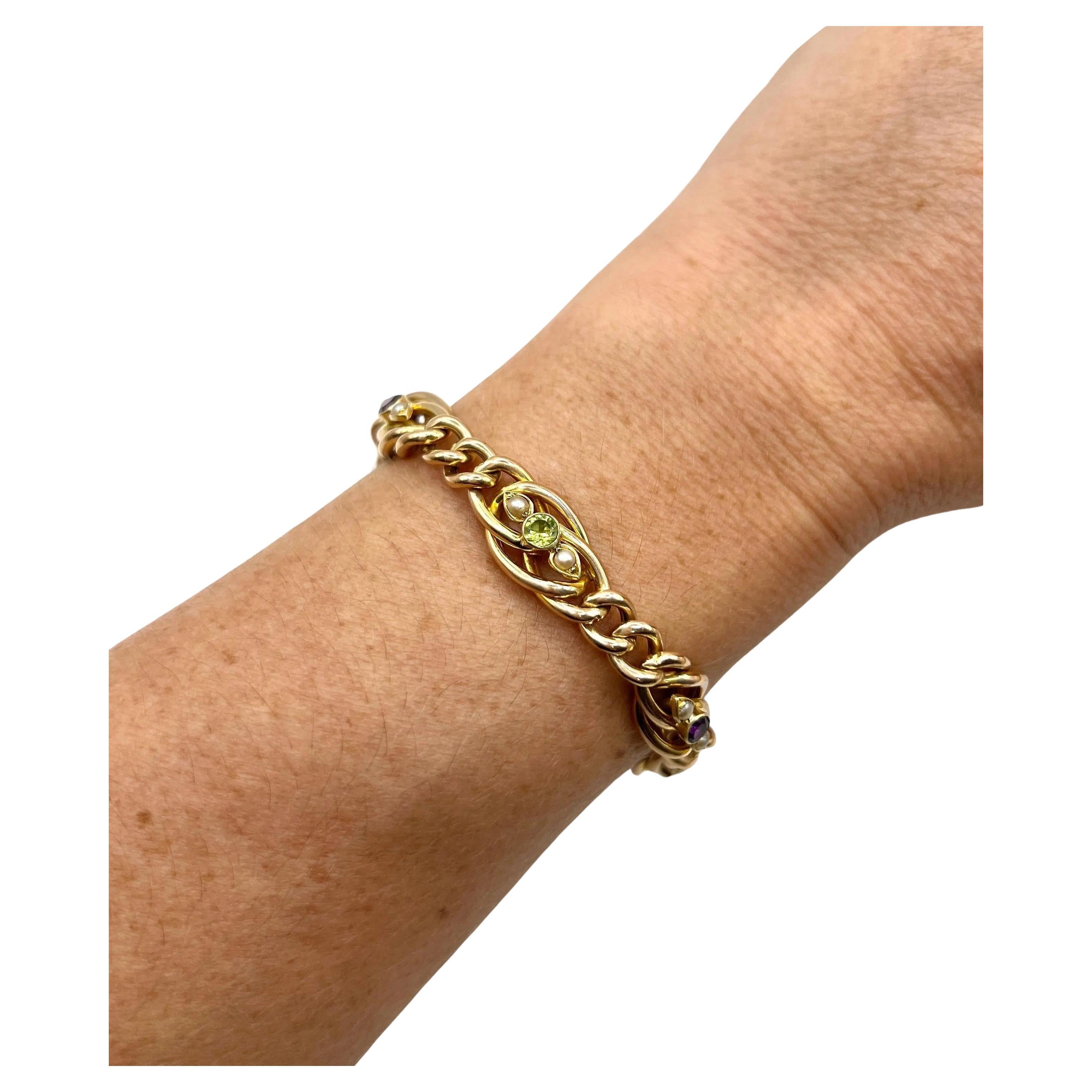 Antique 15ct Yellow Gold Edwardian Amethyst Peridot 
Pearl Suffragette Bracelet For Sale