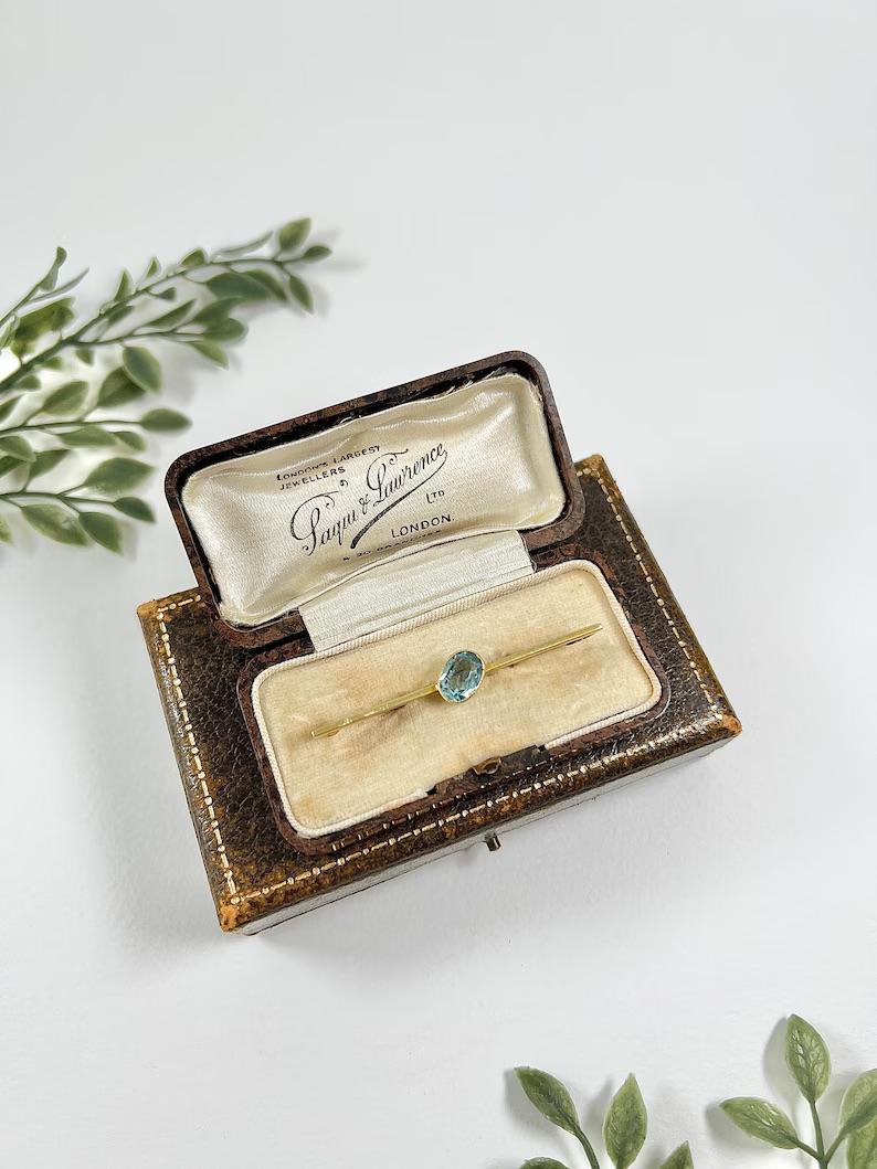 Antique 15ct Yellow Gold, Edwardian Aquamarine Bar Brooch For Sale 6