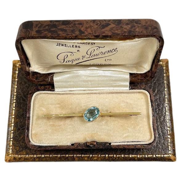 Antiguo broche de barra de aguamarina eduardiano de oro amarillo de 15 ct