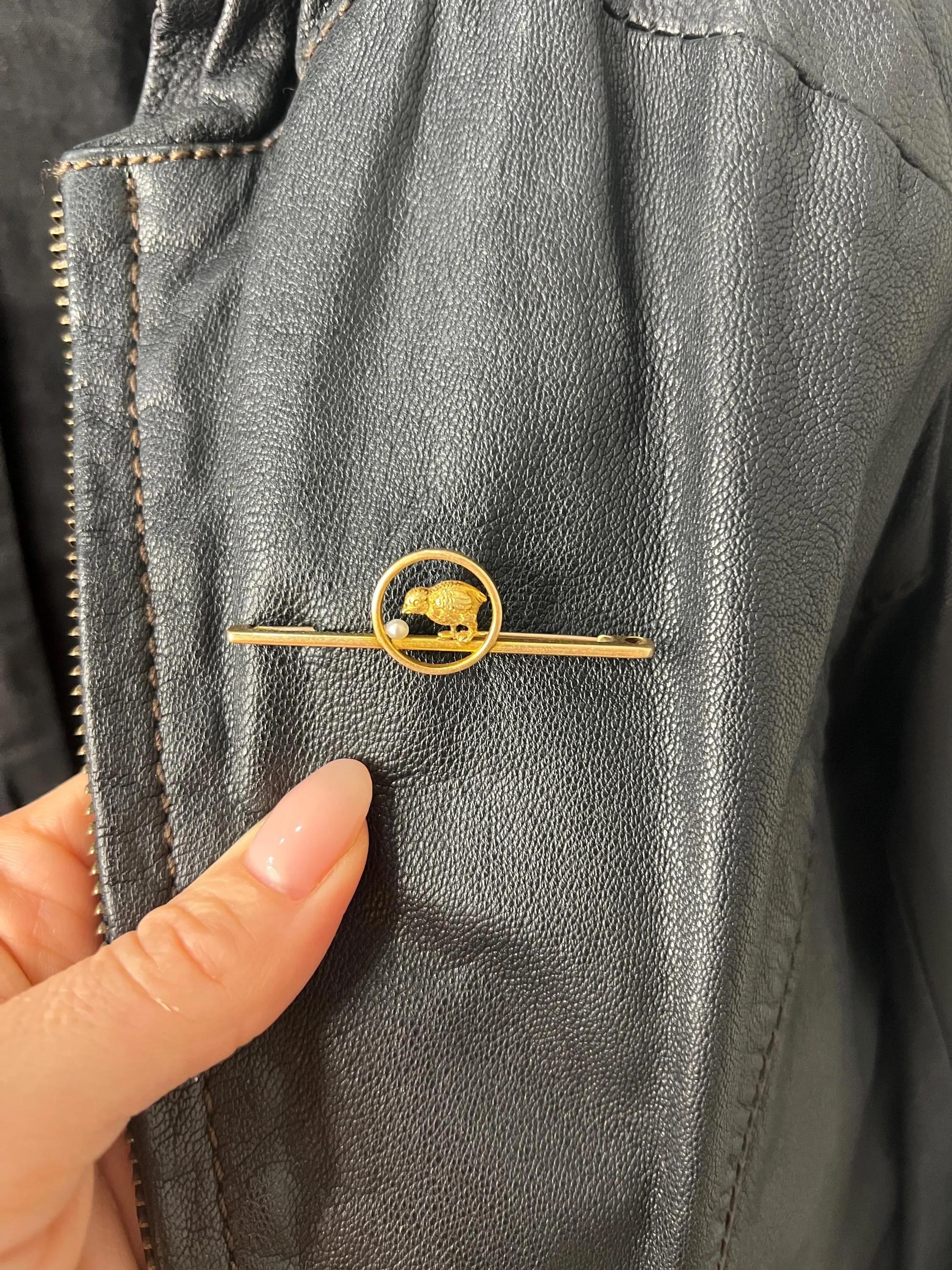 Antique Chick Brooch

15ct Gold Stamped

Circa 1910

Step back in time with this exquisite 15ct yellow gold Edwardian bar brooch, beautifully designed to capture the essence of timeless elegance. Featured prominently is an adorable baby chick,