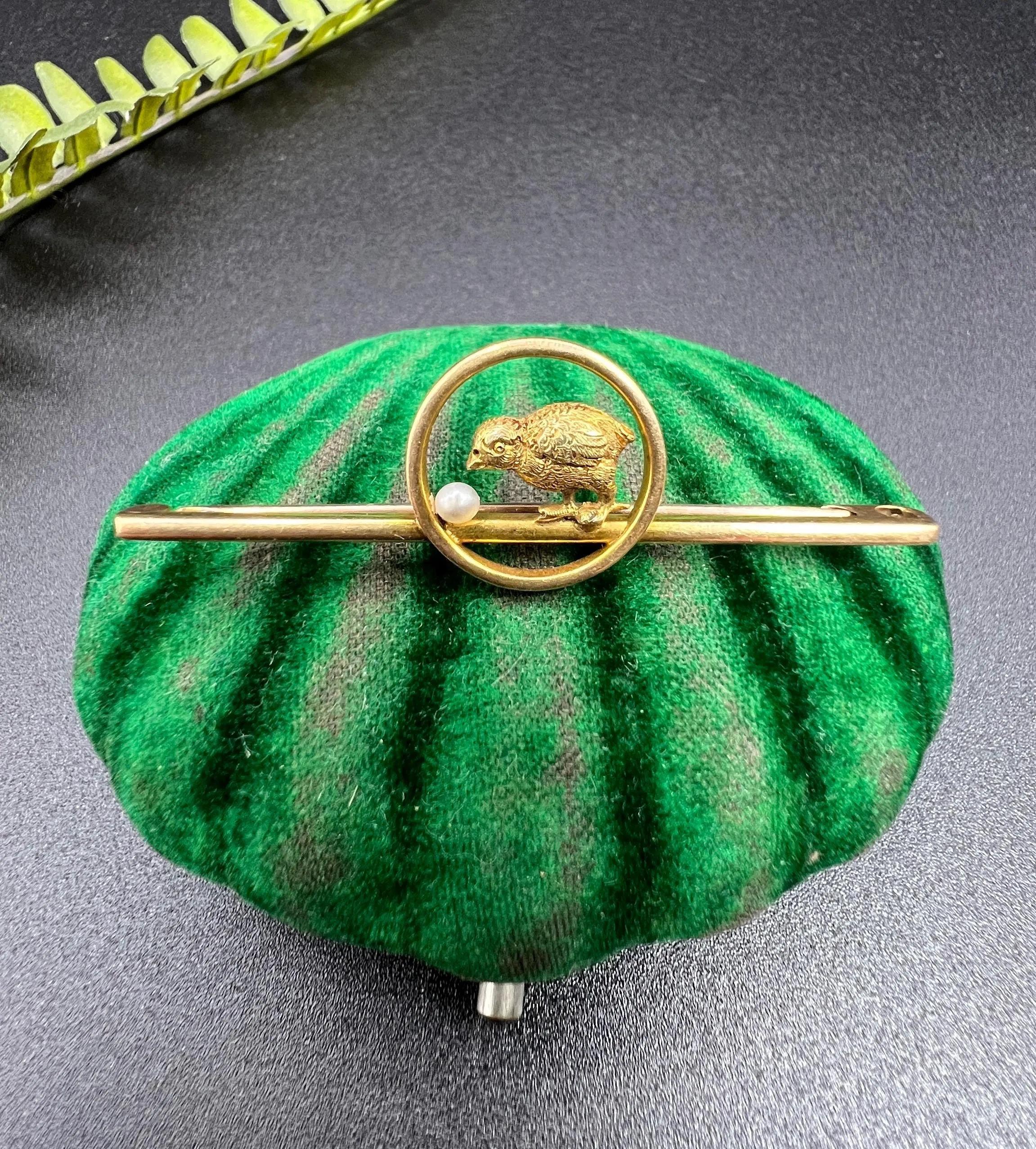 Round Cut Antique 15ct Yellow Gold, Edwardian Baby Chick with Seed Pearl Egg Bar Brooch For Sale